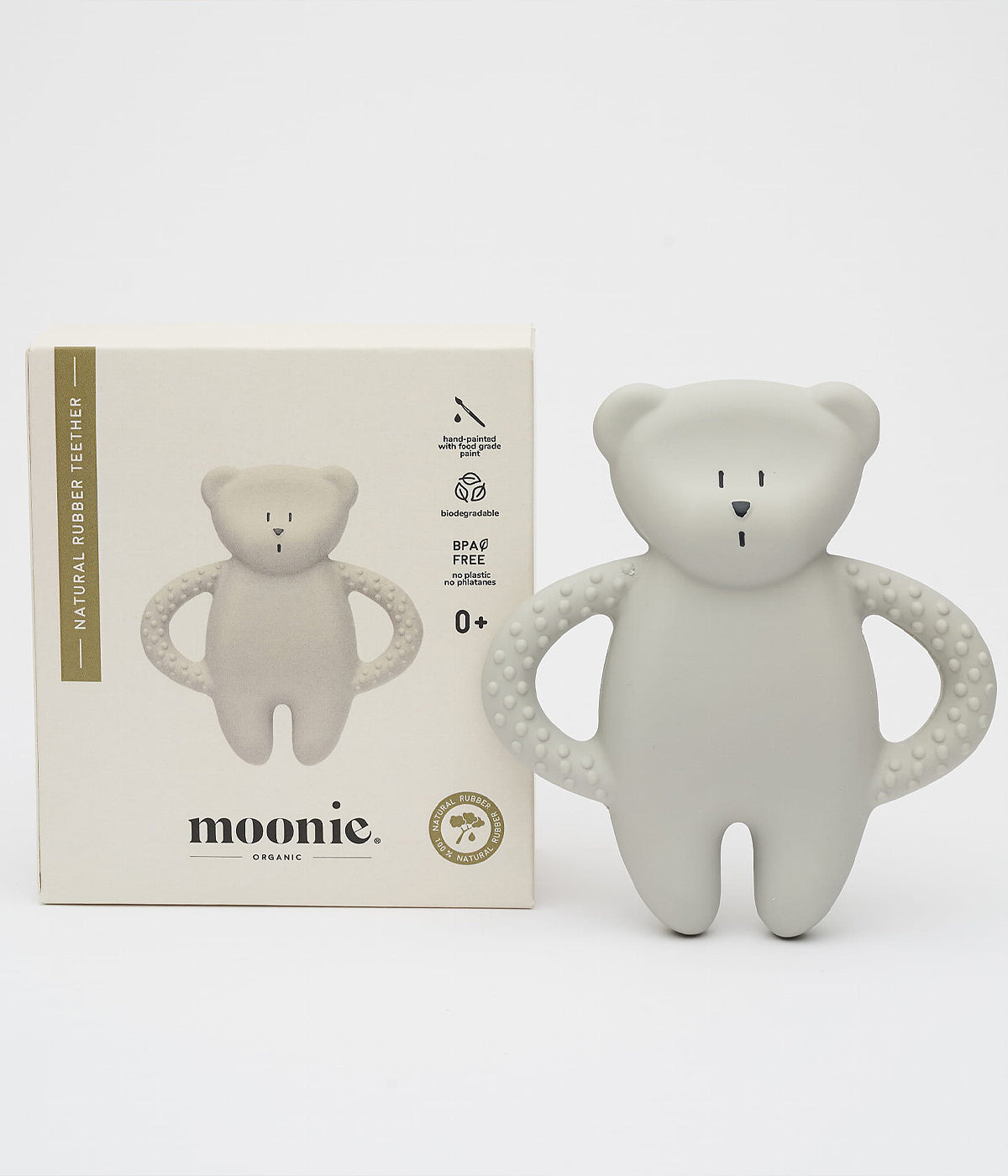 Mordedor Moonie gray em borracha natural com caixa de cartão.