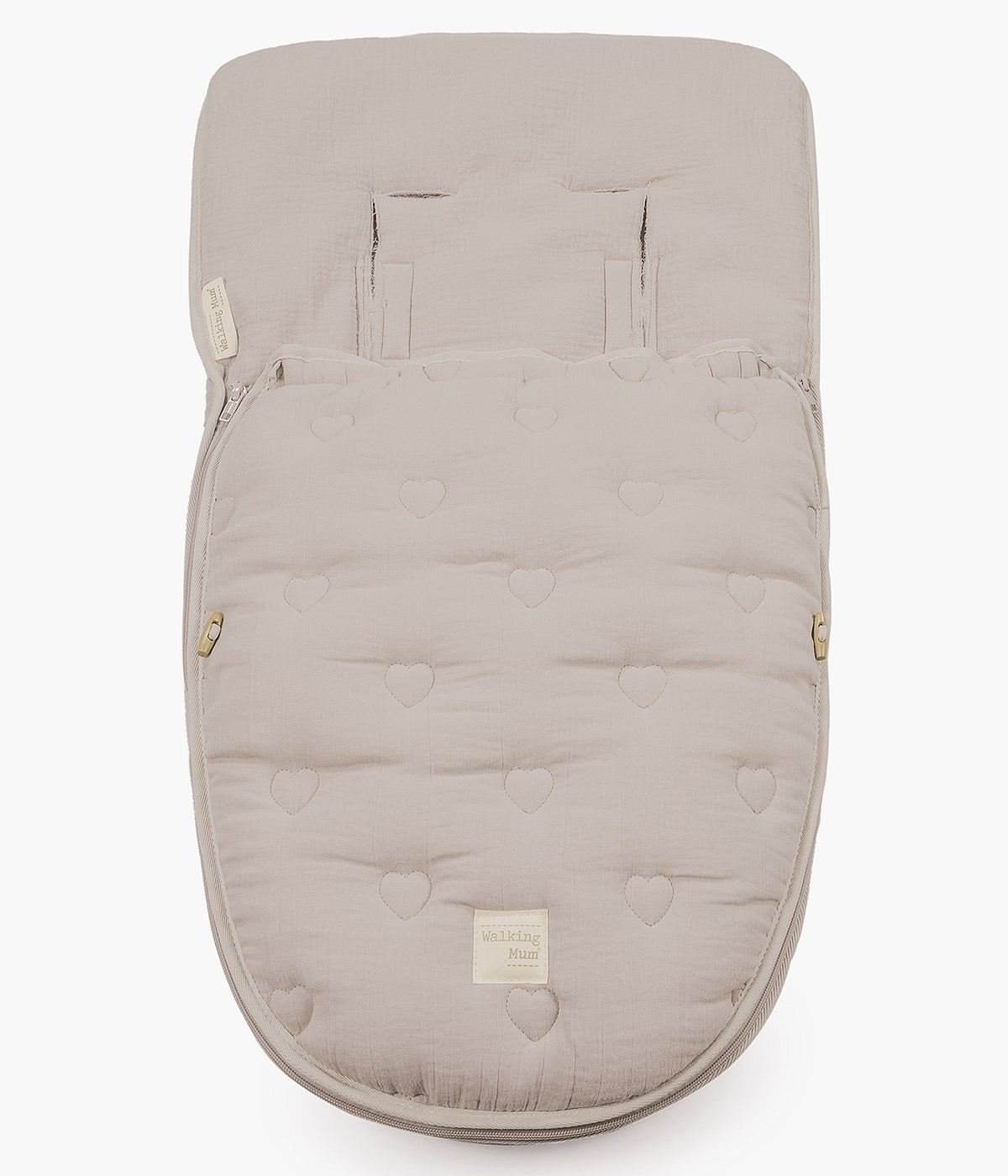 Saco de dormir 2 em 1 Walking Mum Sintra bege com elegantes corações bordados totalmente aberto.
