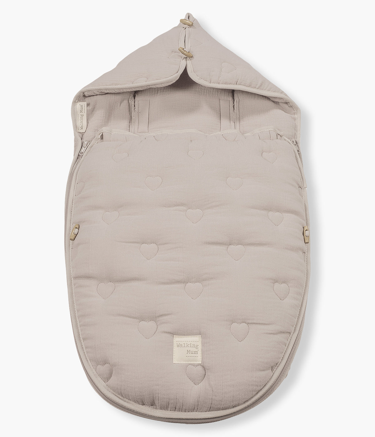 Saco de dormir 2 em 1 Walking Mum Sintra bege com elegantes corações bordados, 100% algodão. Confortável saco de dormir para bebé adaptável a qualquer alcofa e babycoque grupo 0.