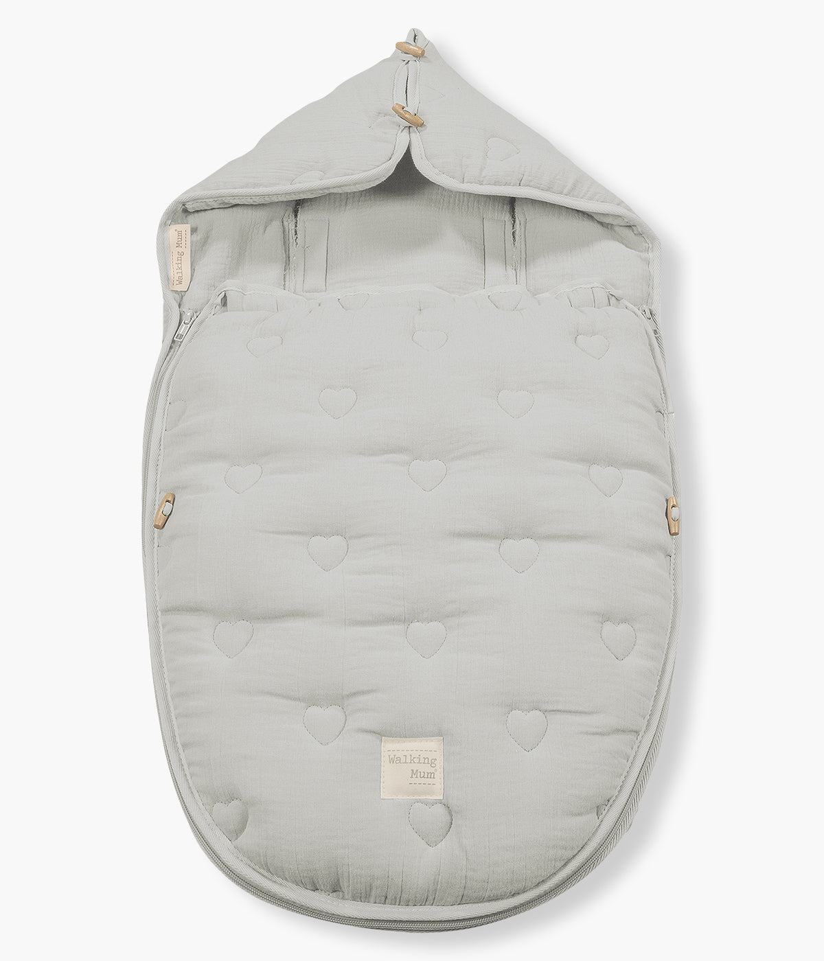 Saco de dormir 2 em 1 Walking Mum Sintra verde com elegantes corações bordados, 100% algodão. Confortável saco de dormir para bebé com interior em musselina adaptável a qualquer alcofa e babycoque grupo 0.