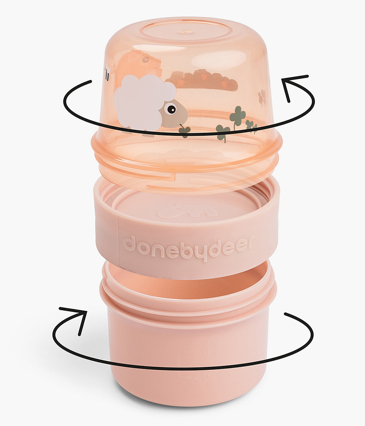 Caixa para snacks 2 em 1 Tiny Farms da marca Done by Deer. Composta por dois compartimentos herméticos (150 ml cada), esta caixa cor-de-rosa permite guardar diferentes alimentos sem misturar sabores ou texturas. Ideal para fruta, bolachas, cereais ou pequenas refeições. A vedação eficaz mantém os alimentos frescos e estaladiços.