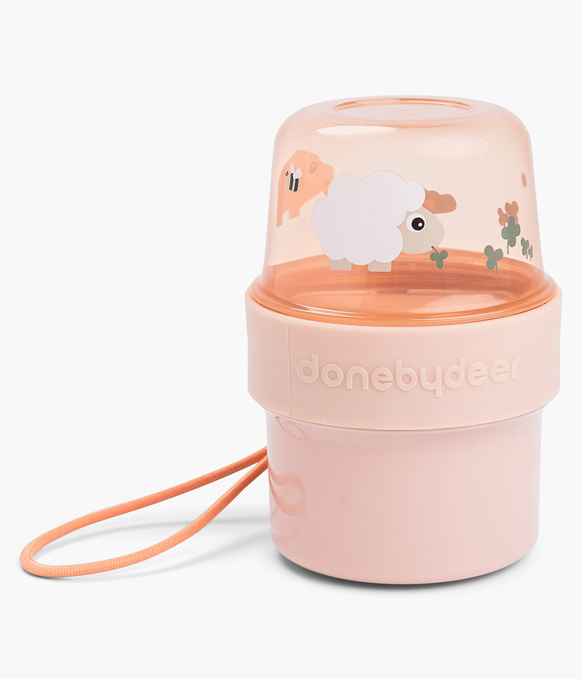 Caixa para snacks 2 em 1 Tiny Farms da marca Done by Deer. Composta por dois compartimentos herméticos (150 ml cada), esta caixa cor-de-rosa permite guardar diferentes alimentos sem misturar sabores ou texturas. Ideal para fruta, bolachas, cereais ou pequenas refeições. A vedação eficaz mantém os alimentos frescos e estaladiços.