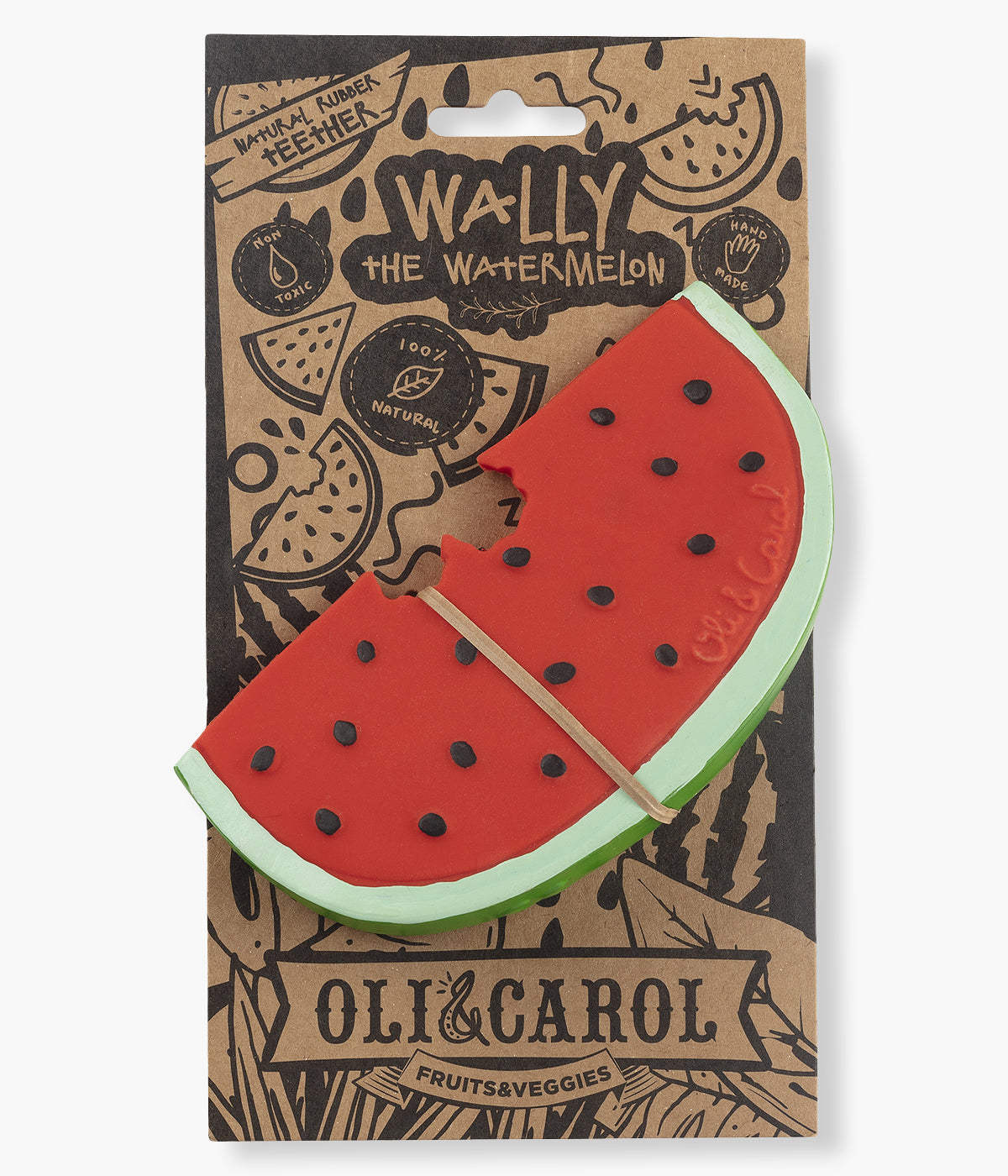 Embalagem de cartão do mordedor em borracha natural para bebé The Watermelon da Oli&Carol.