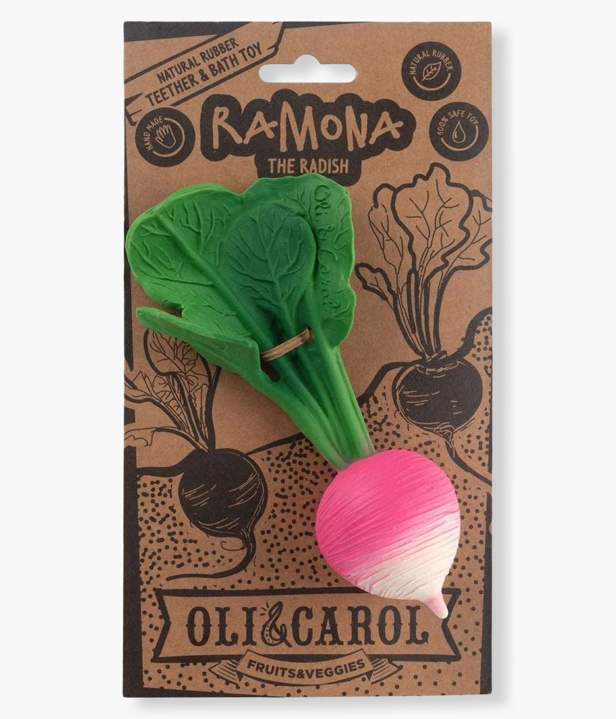 Embalagem de cartão do mordedor com formato de nabo Oli&Carol Ramona the Radish em borracha natural com textura realista.