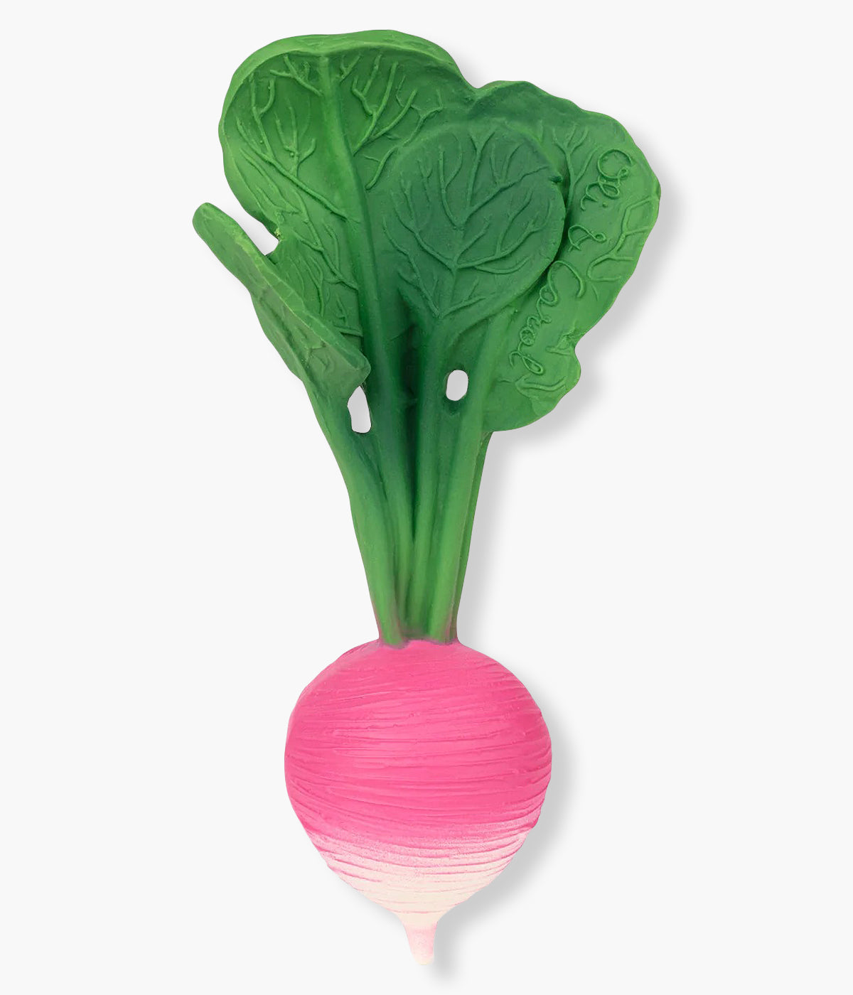 Mordedor com formato de nabo Oli&Carol Ramona the Radish em borracha natural com textura realista, seguro para bebés, ideal para dentição e banho.