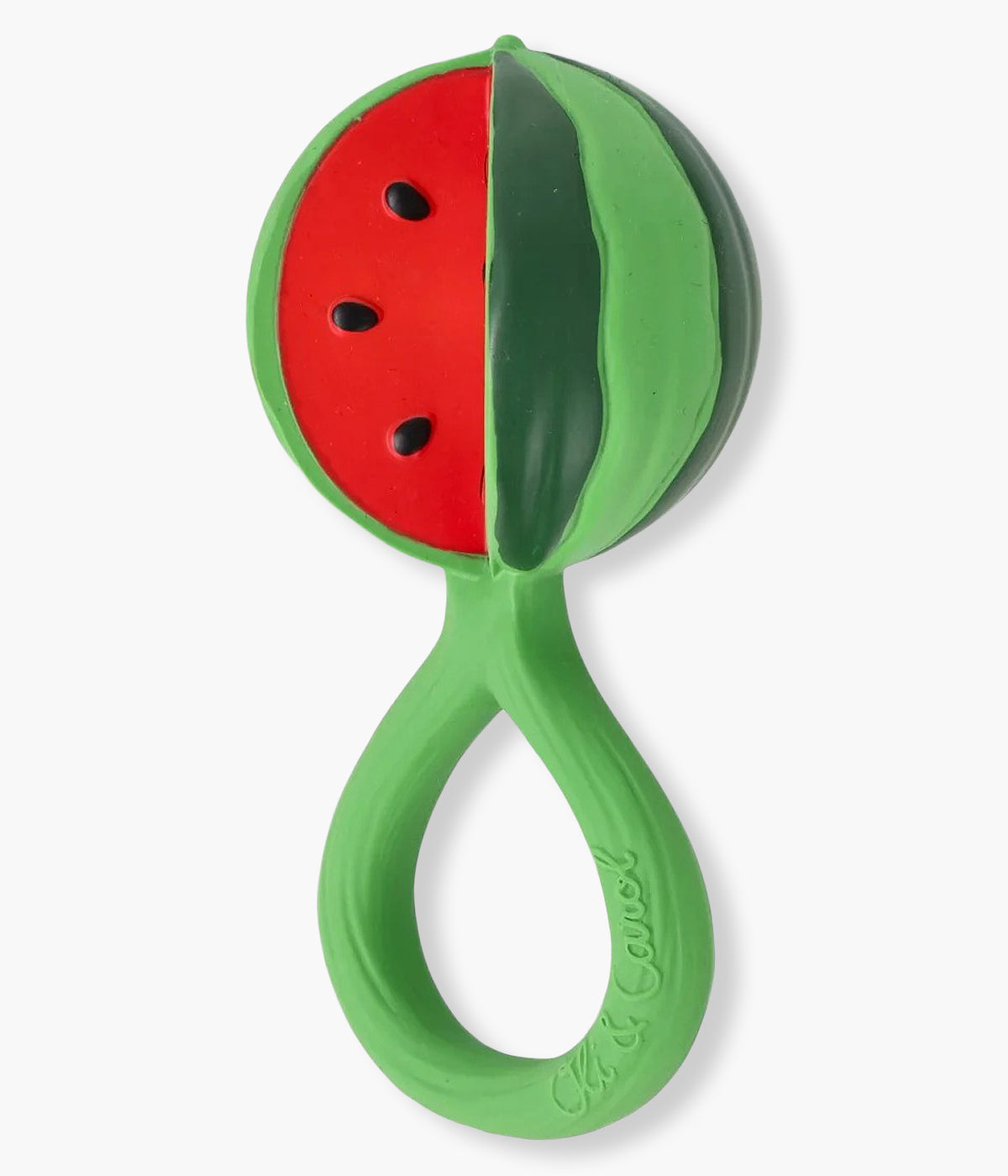 Mordedor e chocalho em borracha natural para bebé Watermelon da Oli&Carol. Mais do que um simples mordedor, este brinquedo sensorial em forma de melancia é uma fusão perfeita entre natureza, design e funcionalidade.