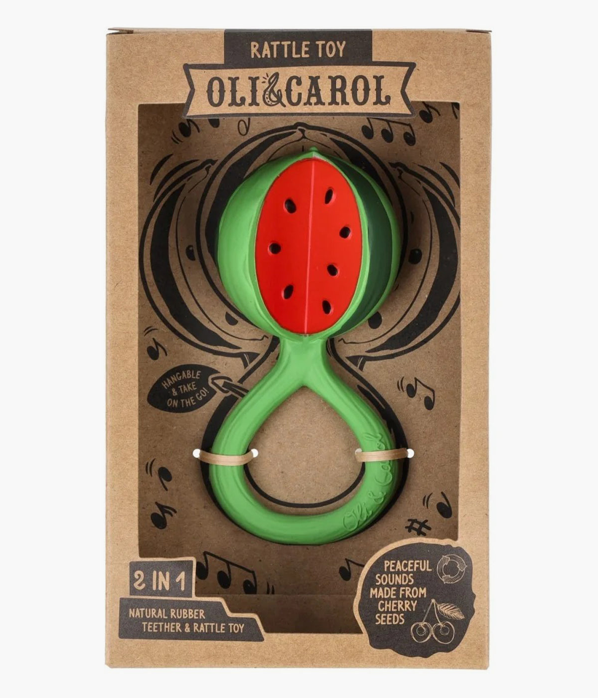 Caixa e cartão do mordedor e chocalho em borracha natural para bebé Watermelon da Oli&Carol.