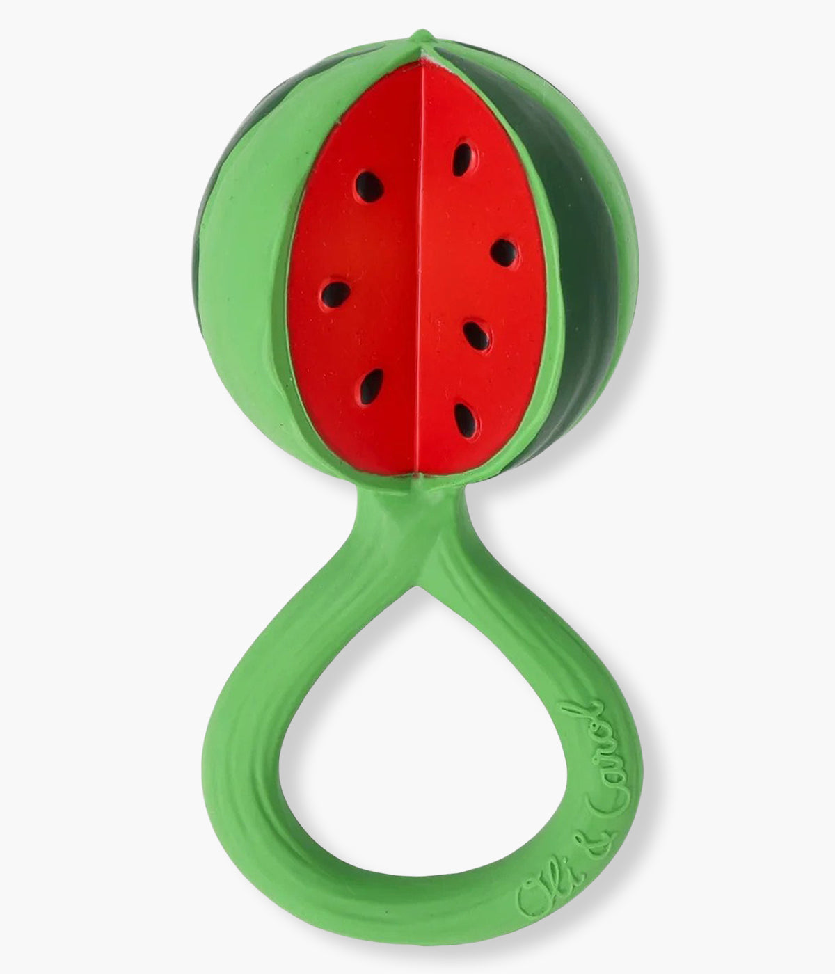 Mordedor e chocalho em borracha natural para bebé Watermelon da Oli&Carol. Mais do que um simples mordedor, este brinquedo sensorial em forma de melancia é uma fusão perfeita entre natureza, design e funcionalidade. Criado em colaboração com otorrinolaringologistas certificados, foi desenvolvido para oferecer estímulos auditivos suaves e seguros, enquanto proporciona alívio eficaz às gengivas do bebé durante a fase da dentição.