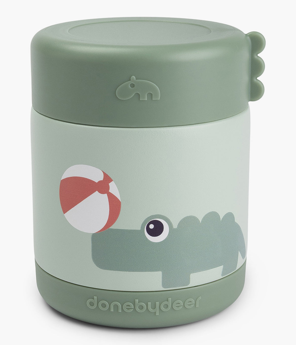 Termo para sólidos Playground da Done by Deer com capacidade para 300ml para bebé. De cor verde, decorada com a Croco e Birdee, esta termo é ideal para manter os alimentos na temperatura ideal por até 6h.