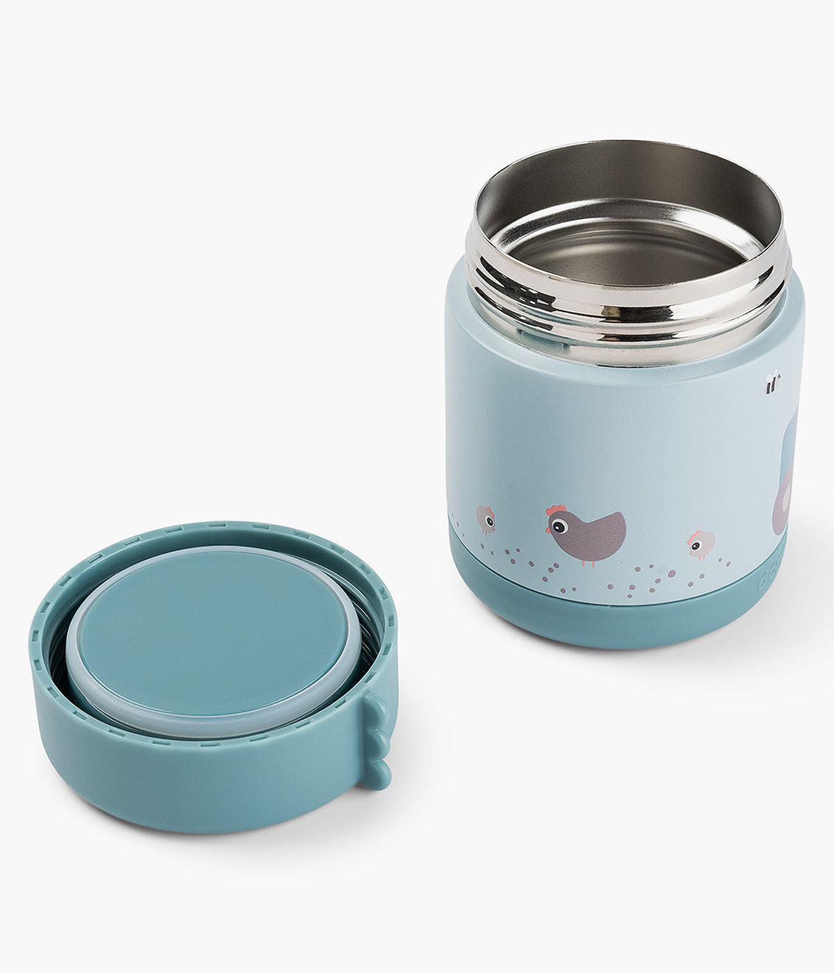 Termo para sólidos Tiny Farm da Done by Deer com capacidade para 300ml para bebé. De cor azul, decorada com Dotti e Pigee, esta termo é ideal para manter os alimentos na temperatura ideal por até 6h.