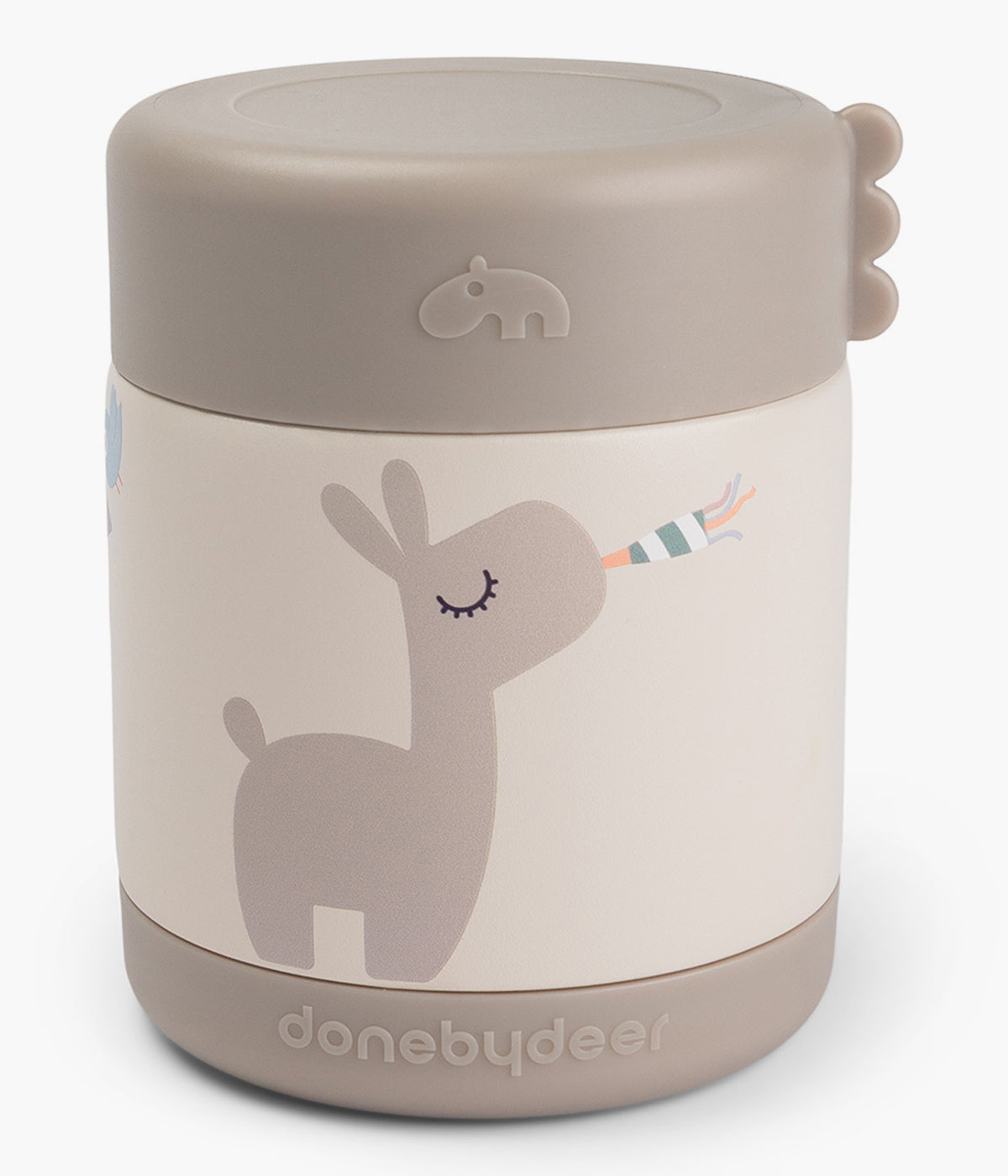 Termo para sólidos Celebration da Done by Deer com capacidade de 300ml para bebé. De cor bege, decorada com a Birdee, Elphee e Lalee, esta termo é ideal para manter os alimentos na temperatura ideal por até 6h.