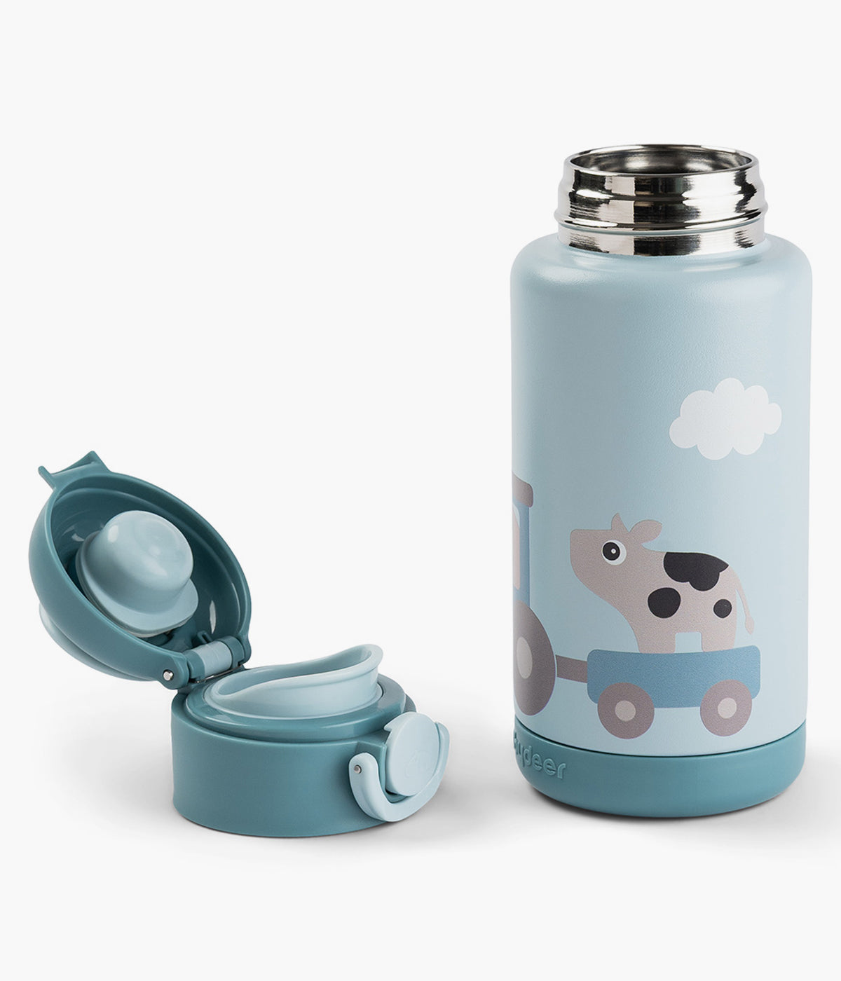 Garrafa térmica Tiny Farm da Done by Deer com capacidade para 340ml com botão de abertura fácil, vedação antifugas e pega prática. Mantém bebidas quentes ou frias até 6h.