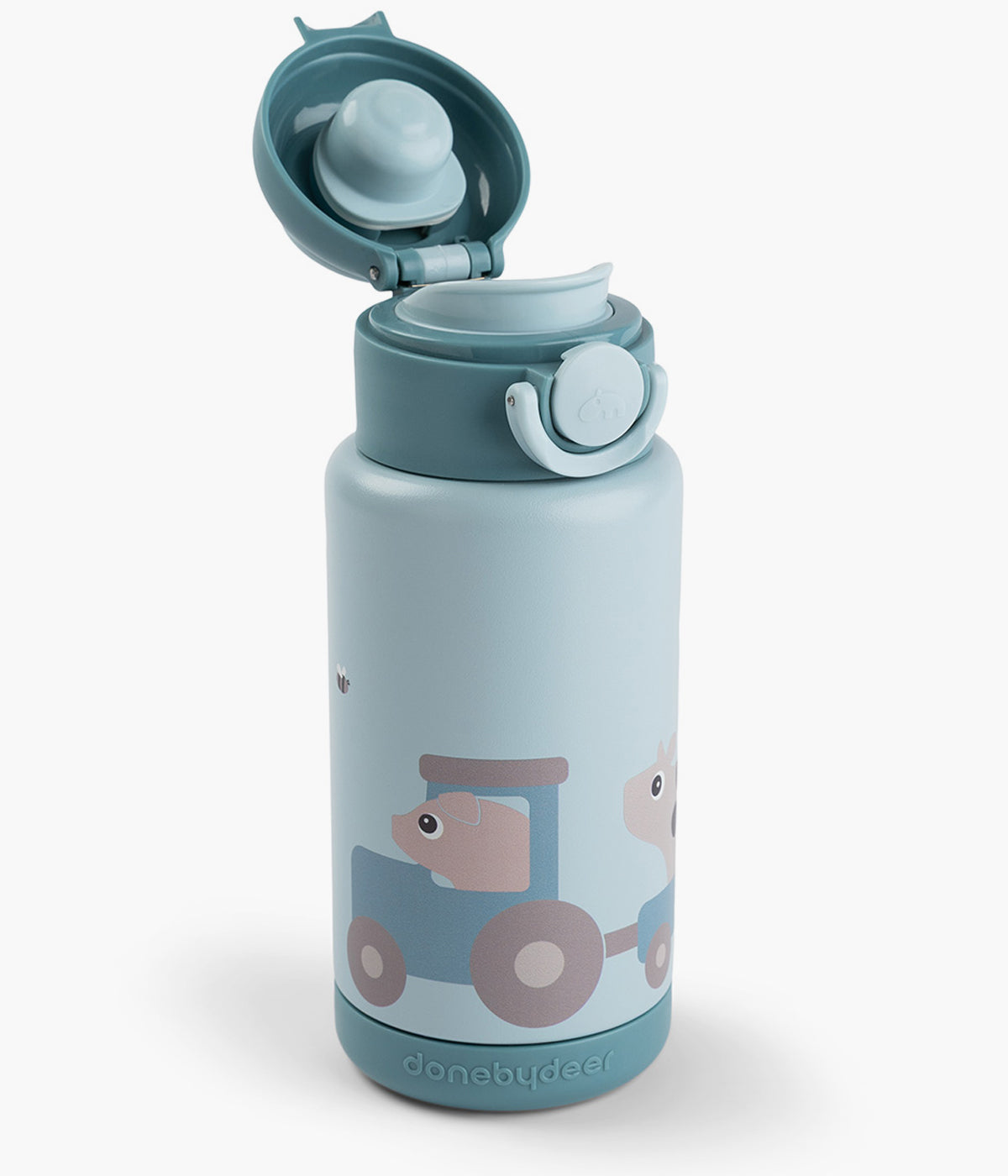 Garrafa térmica Tiny Farm da Done by Deer com capacidade para 340ml com botão de abertura fácil, vedação antifugas e pega prática. Mantém bebidas quentes ou frias até 6h.