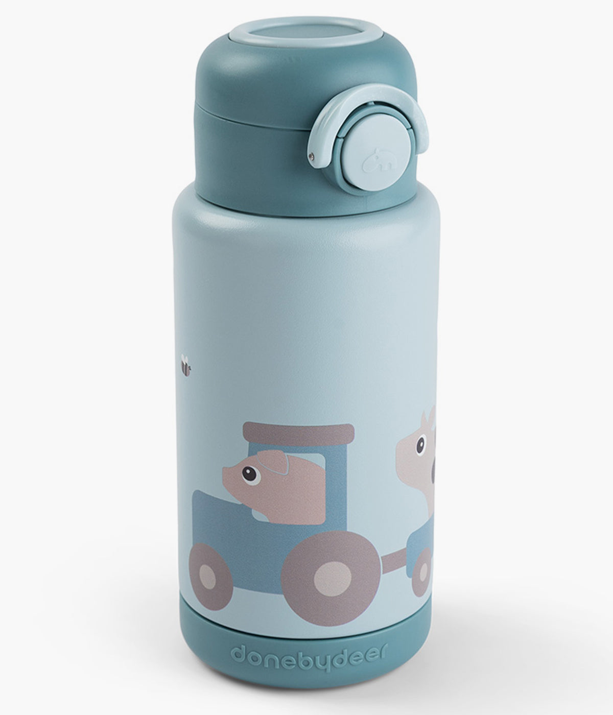 Garrafa térmica Tiny Farm da Done by Deer com capacidade para 340ml com botão de abertura fácil, vedação antifugas e pega prática. Mantém bebidas quentes ou frias até 6h.