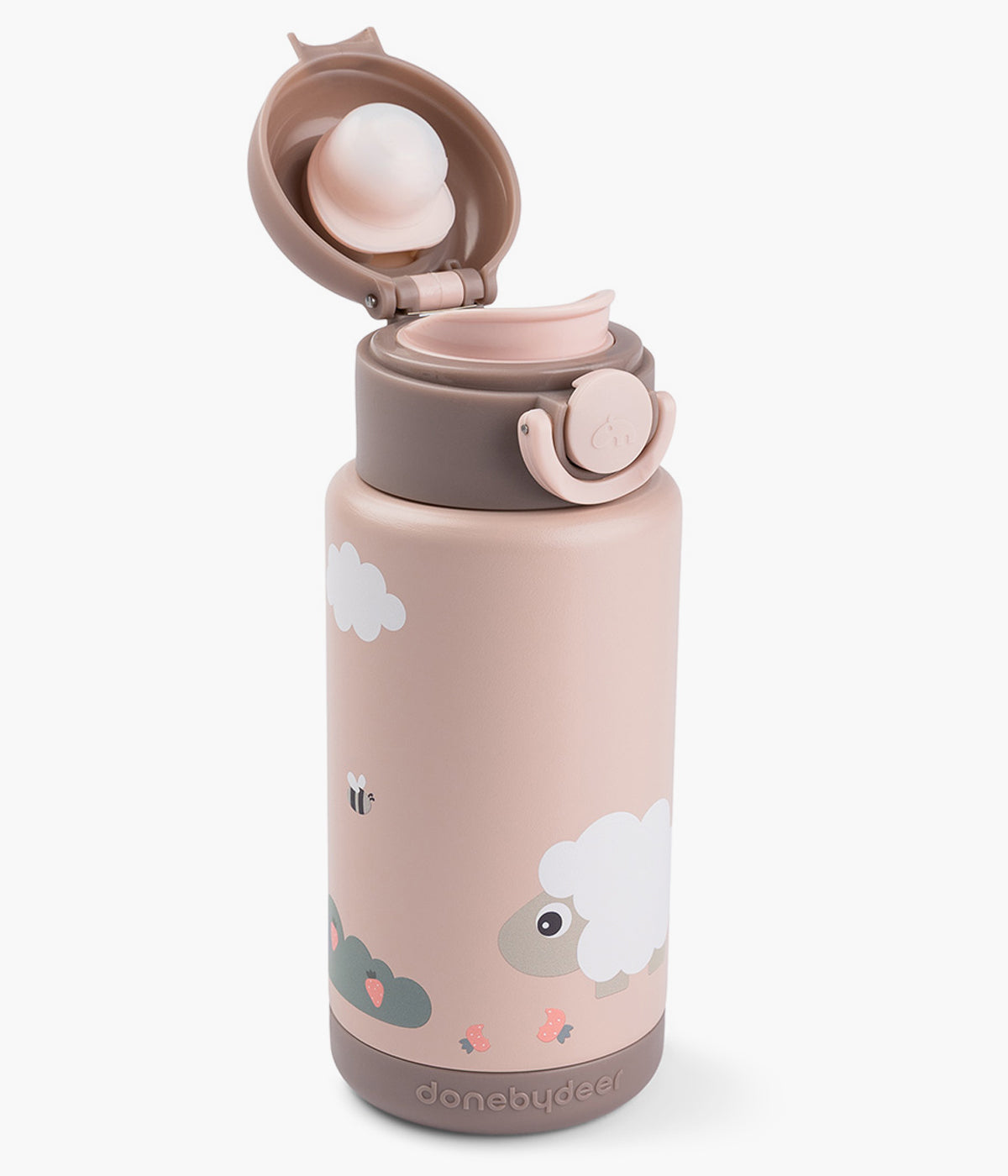Garrafa térmica Tiny Farm da Done by Deer com capacidade para 340ml com botão de abertura fácil, vedação antifugas e pega prática. Mantém bebidas quentes ou frias até 6h.