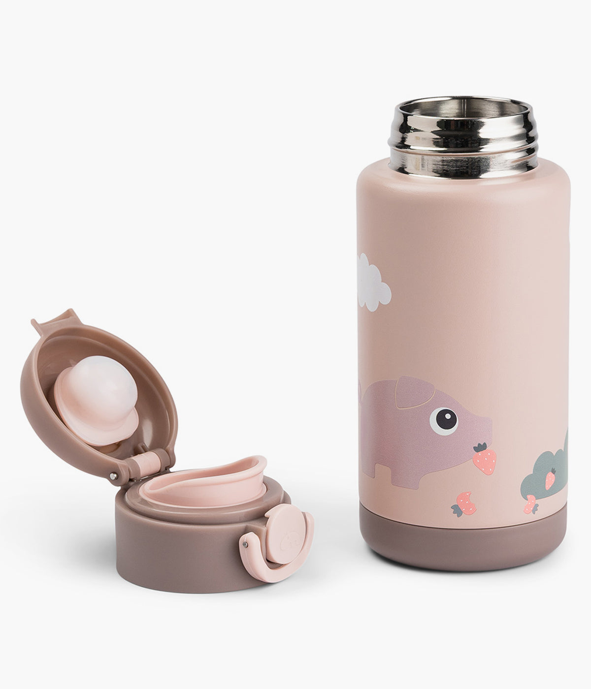 Garrafa térmica Tiny Farm da Done by Deer com capacidade para 340ml com botão de abertura fácil, vedação antifugas e pega prática. Mantém bebidas quentes ou frias até 6h.