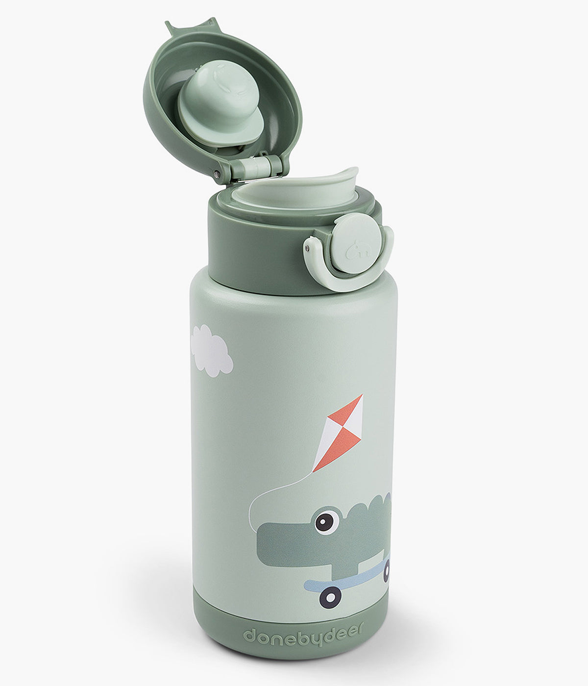 Garrafa térmica verde Playground da Done by Deer com capacidade para 340ml com botão de abertura fácil, vedação antifugas e pega prática. Mantém bebidas quentes ou frias até 6h.