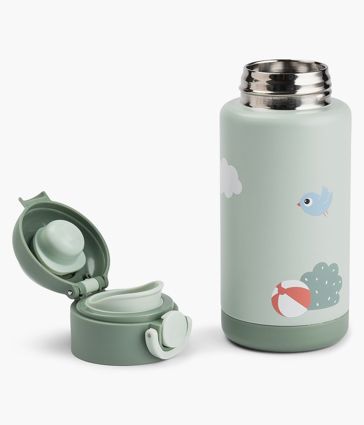 Garrafa térmica verde Playground da Done by Deer com capacidade para 340ml com botão de abertura fácil, vedação antifugas e pega prática. Mantém bebidas quentes ou frias até 6h.