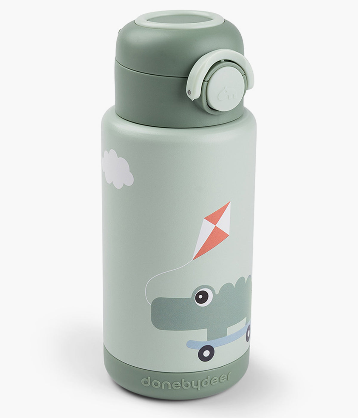 Garrafa térmica verde Playground da Done by Deer com capacidade para 340ml com botão de abertura fácil, vedação antifugas e pega prática. Mantém bebidas quentes ou frias até 6h.
