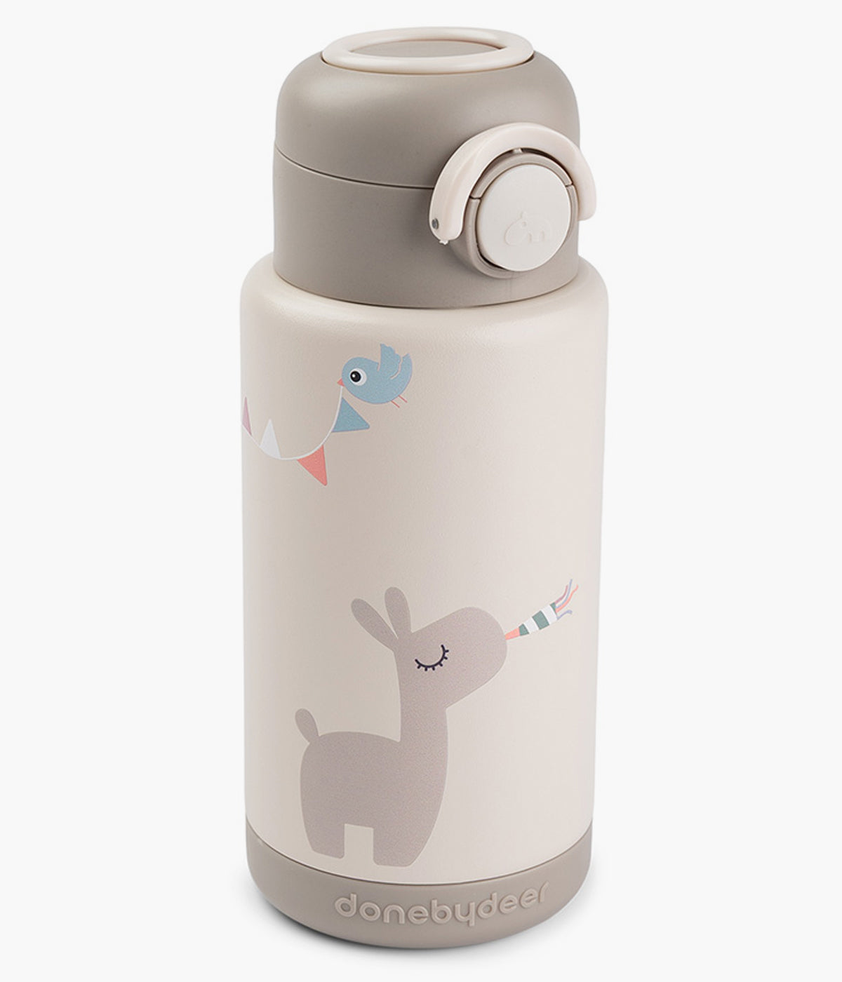Garrafa térmica bege Celebration da Done by Deer com capacidade para 340ml com botão de abertura fácil, vedação antifugas e pega prática. Mantém bebidas quentes ou frias até 6h.