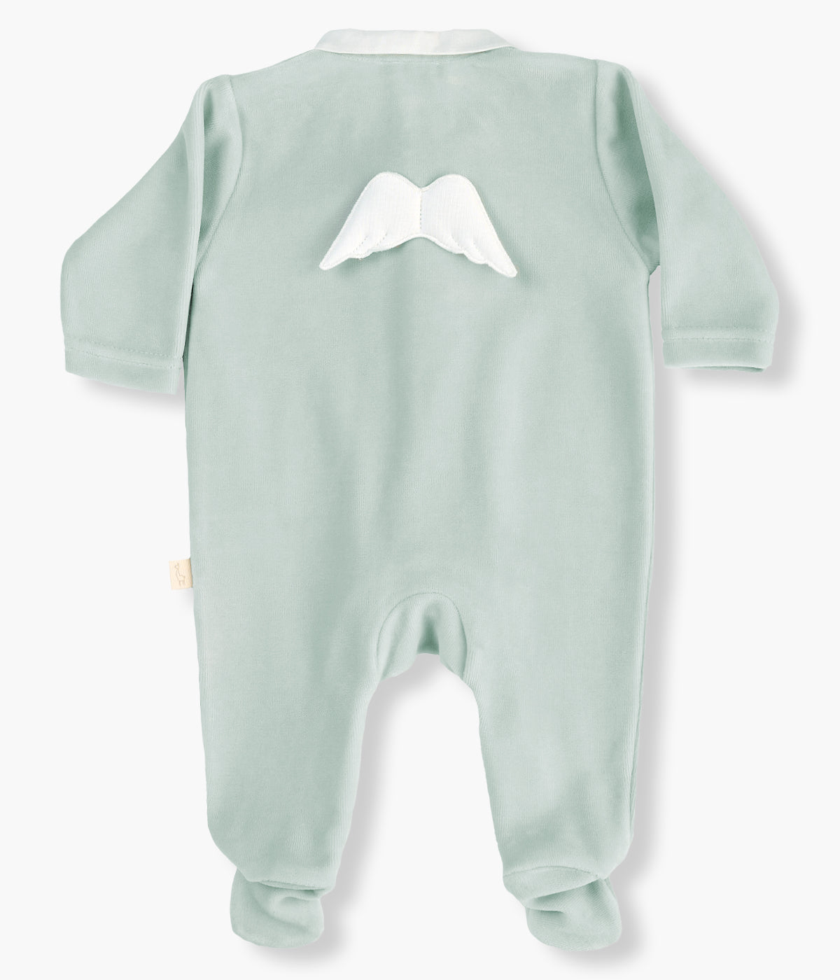 Babygrow em veludo verde-menta da Baby Gi para bebé e recém-nascido(a). Gola redonda cortada e detalhe de asas de anjo nas costas em branco. Abertura com molas de pressão na frente e entrepernas.