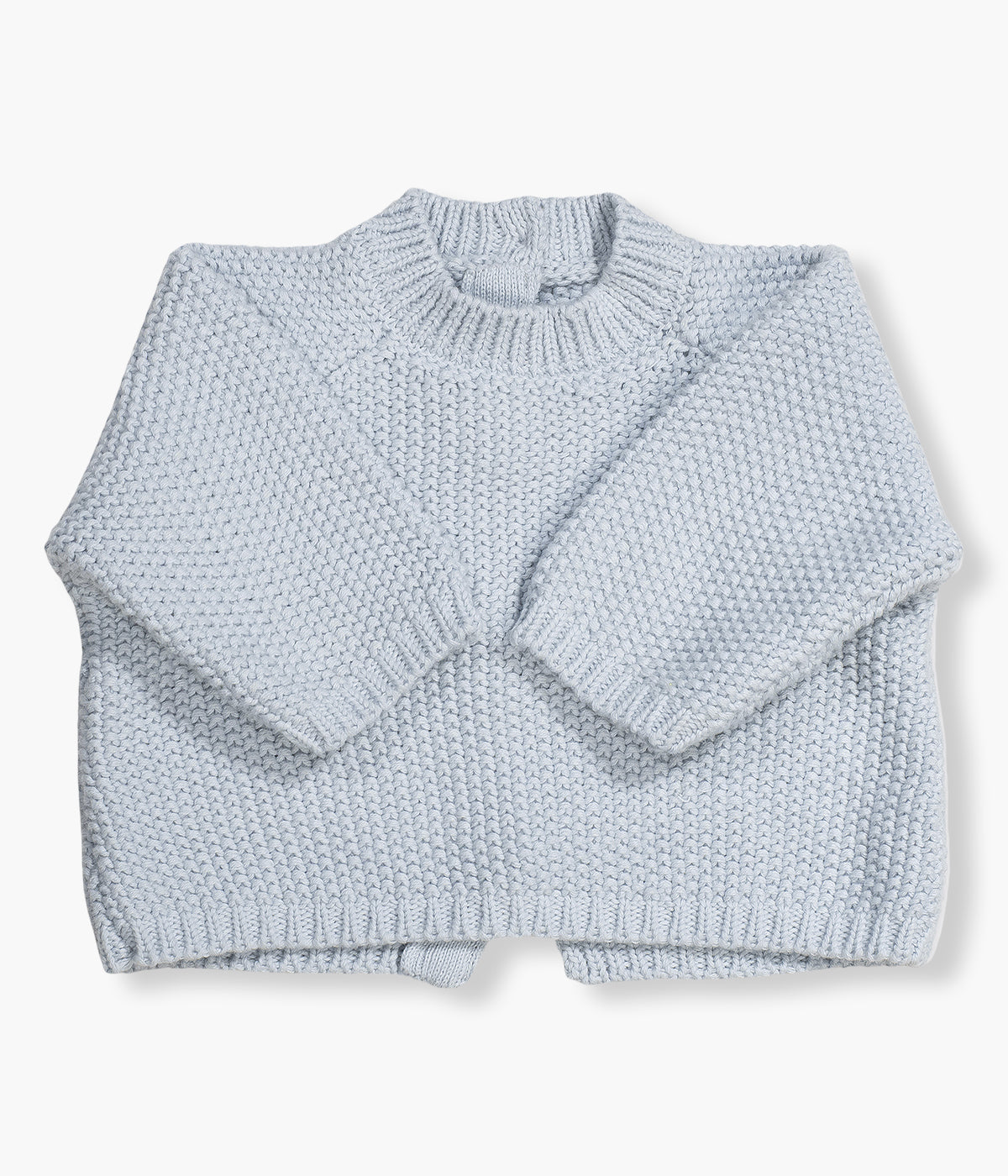 Conjunto de 3 peças em algodão da Pasito a Pasito composto por body em tecido musselina branco com gola folho, camisola e tapa fraldas em malha tricot azul para bebé menino e recém-nascido.
