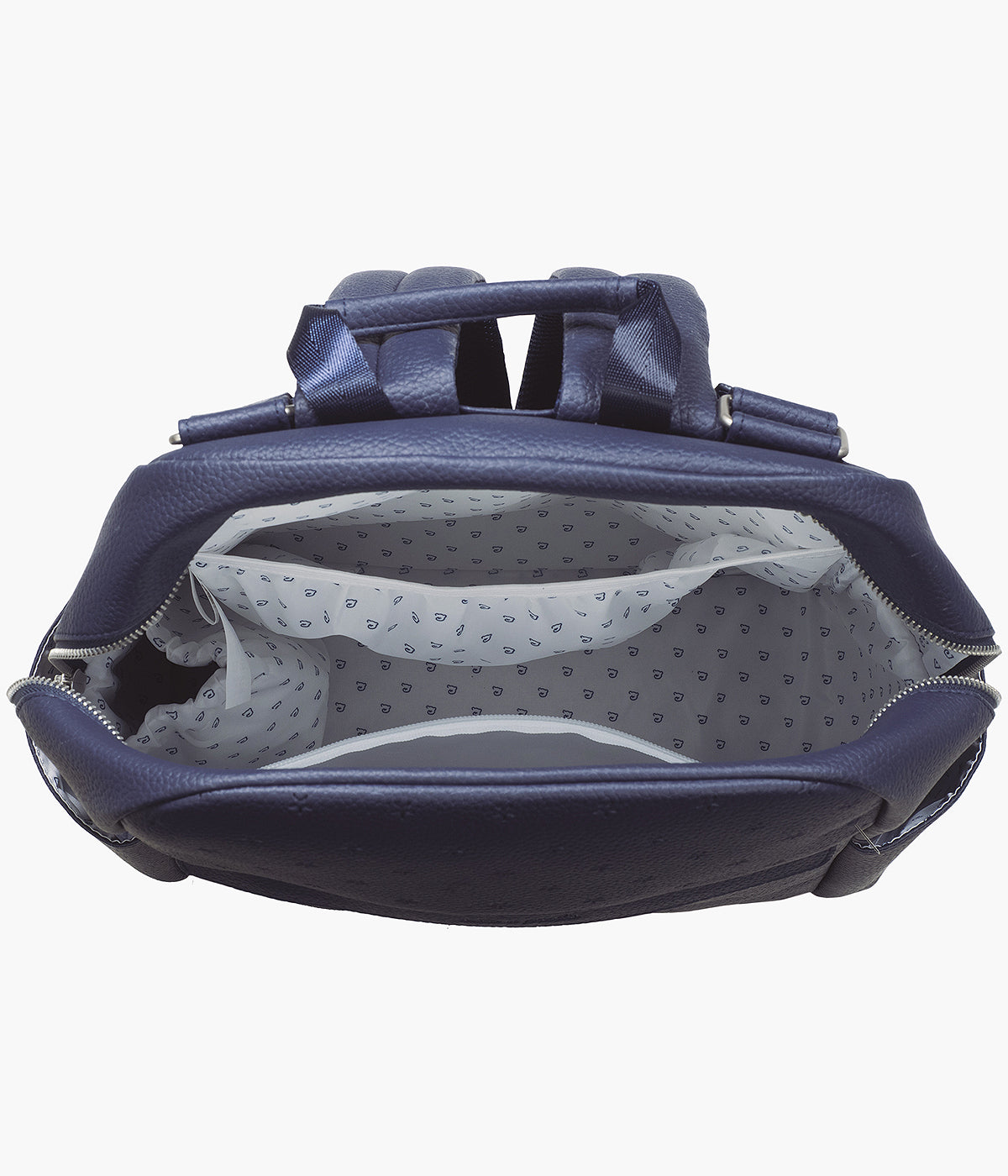 Mochila de Maternidade Pasito a Pasito New London Blue em polipele de cor azul-marinho aberta e vista de cima.