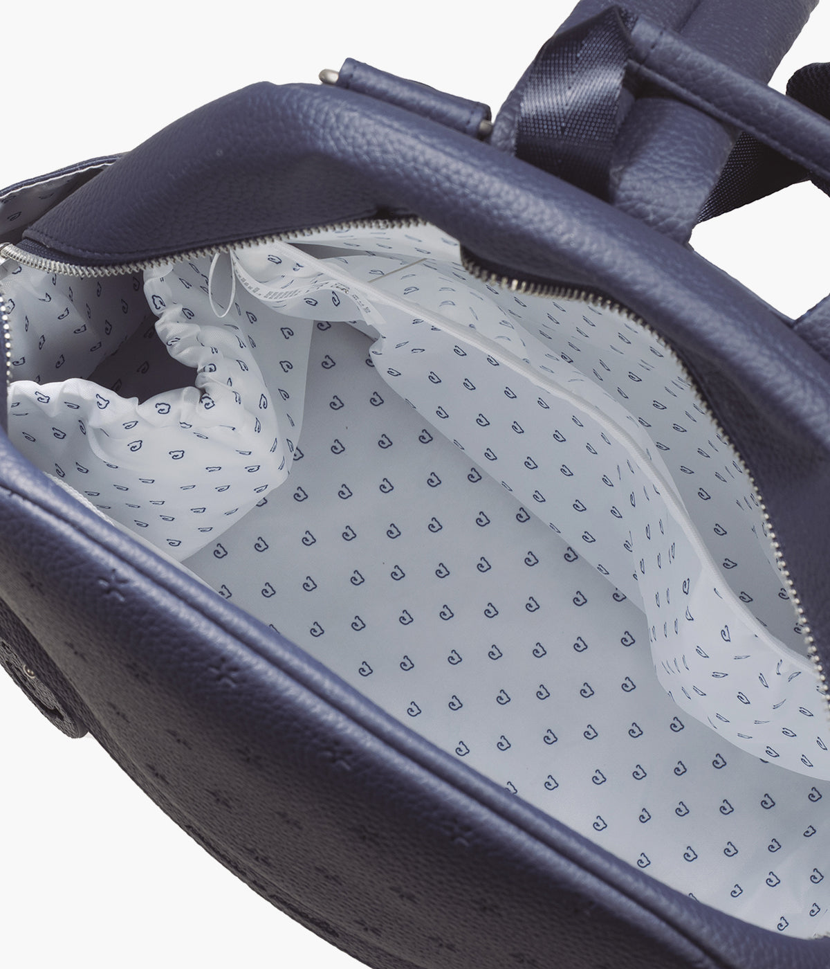Mochila de Maternidade Pasito a Pasito New London Blue em polipele de cor azul-marinho vista de cima com compartimento térmico à vista.
