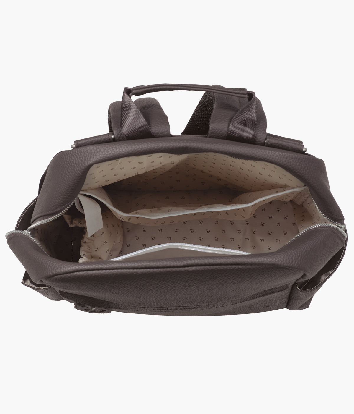 Mochila de Maternidade Pasito a Pasito London Brown em polipele castanha aberta e vazia.