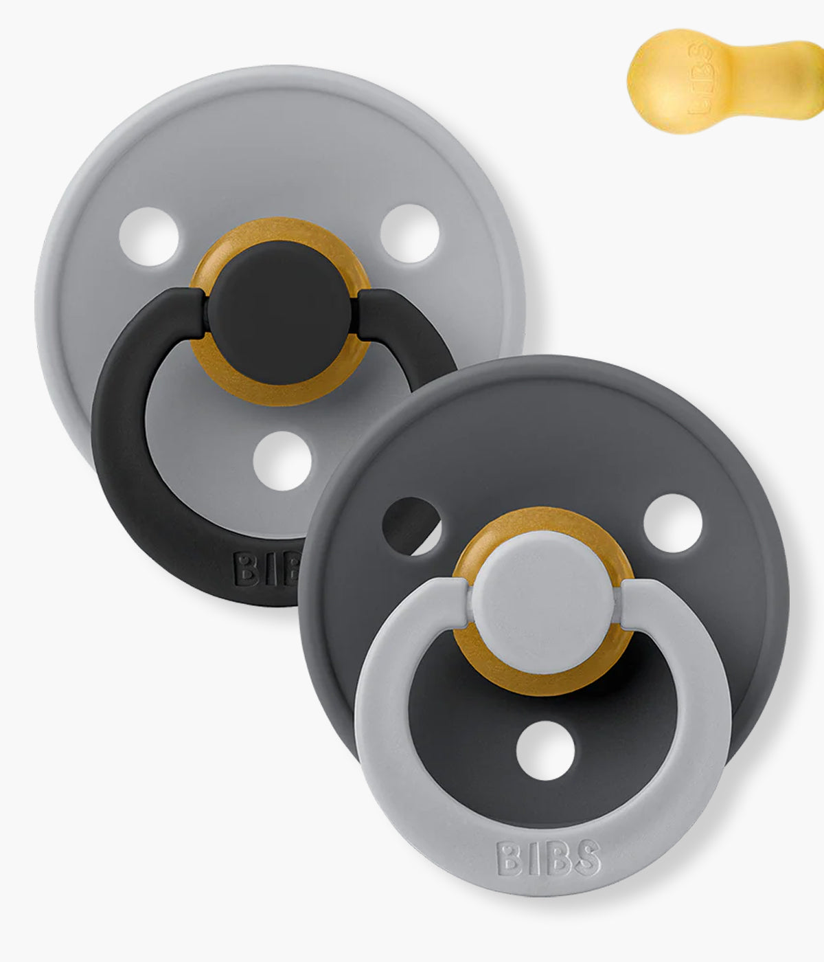 Pack de 2 chupetas Studio Colour Fusion Iron Cloud Mix com tetina redonda em borracha 100% natural. Conjunto composto por 1 chupeta cinza (iron) e 1 chupeta cinza-escuro (iron).