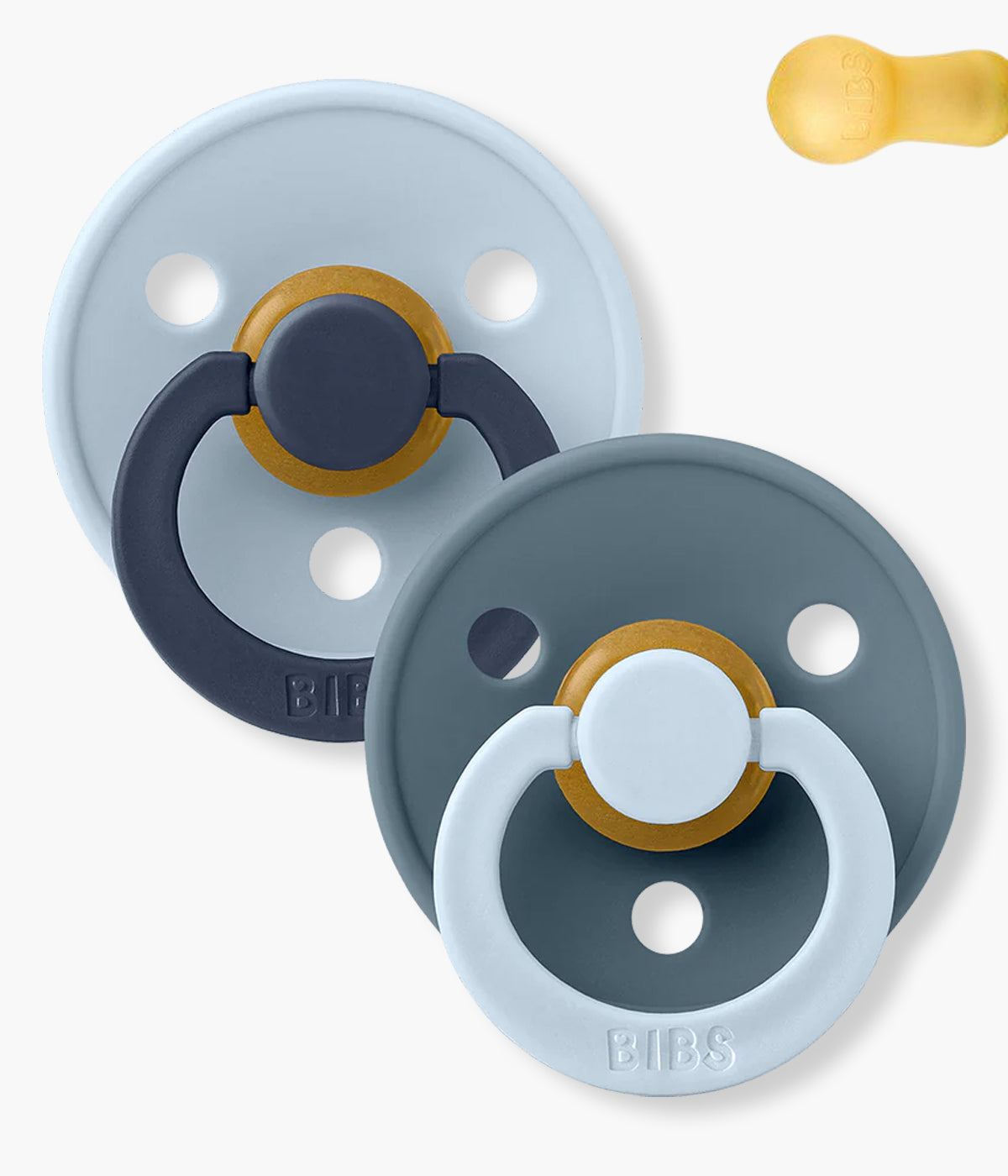 Pack de 2 chupetas Studio Colour Fusion Baby Blue Petrol Mix com tetina redonda em borracha 100% natural. Conjunto composto por 1 chupeta azul-bebé (baby blue) e 1 chupeta azul-petróleo (petrol), ambas decoradas com riscas.