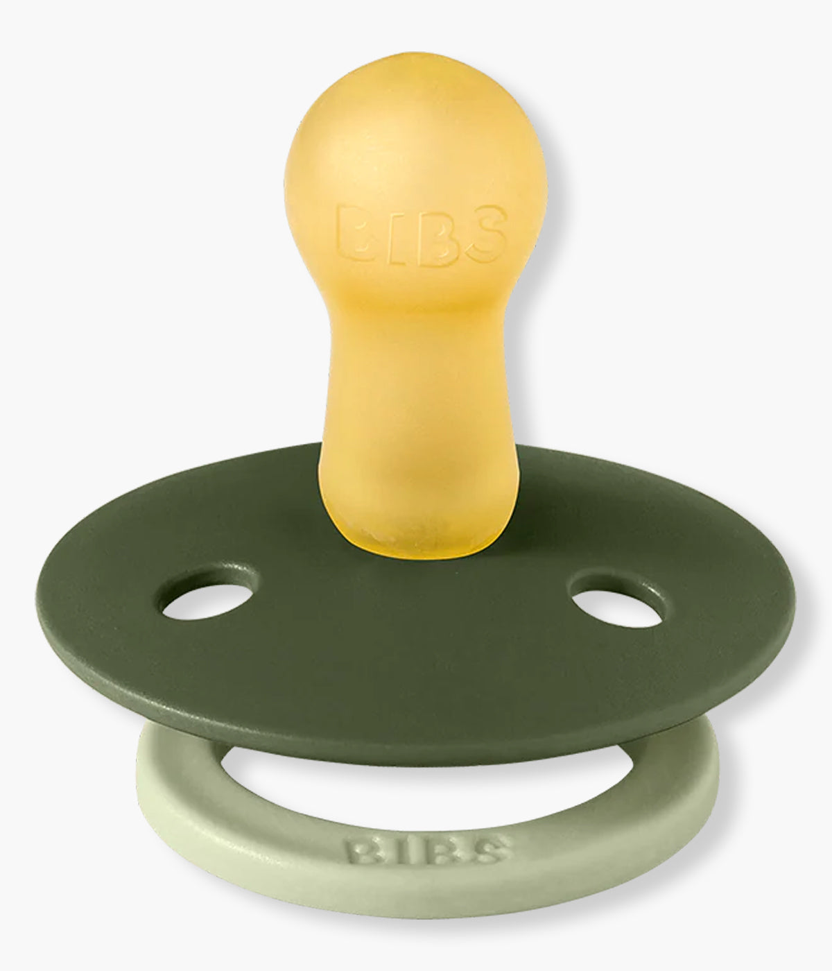 Pack de 2 chupetas Studio Colour Fusion Sage Hunter Green Mix com tetina redonda em borracha 100% natural. Conjunto composto por 1 chupeta verde (sage) e 1 chupeta verde-escuro (hunter green), ambas decoradas com riscas.