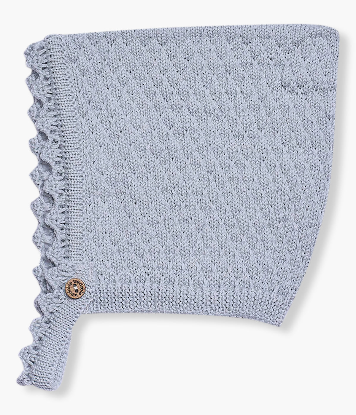 Touca tricotada em lã merino azul da Wedoble para bebé menino e recém-nascido. Delicada touca sem costuras no interior com detalhes na malha e contorno ondulado.