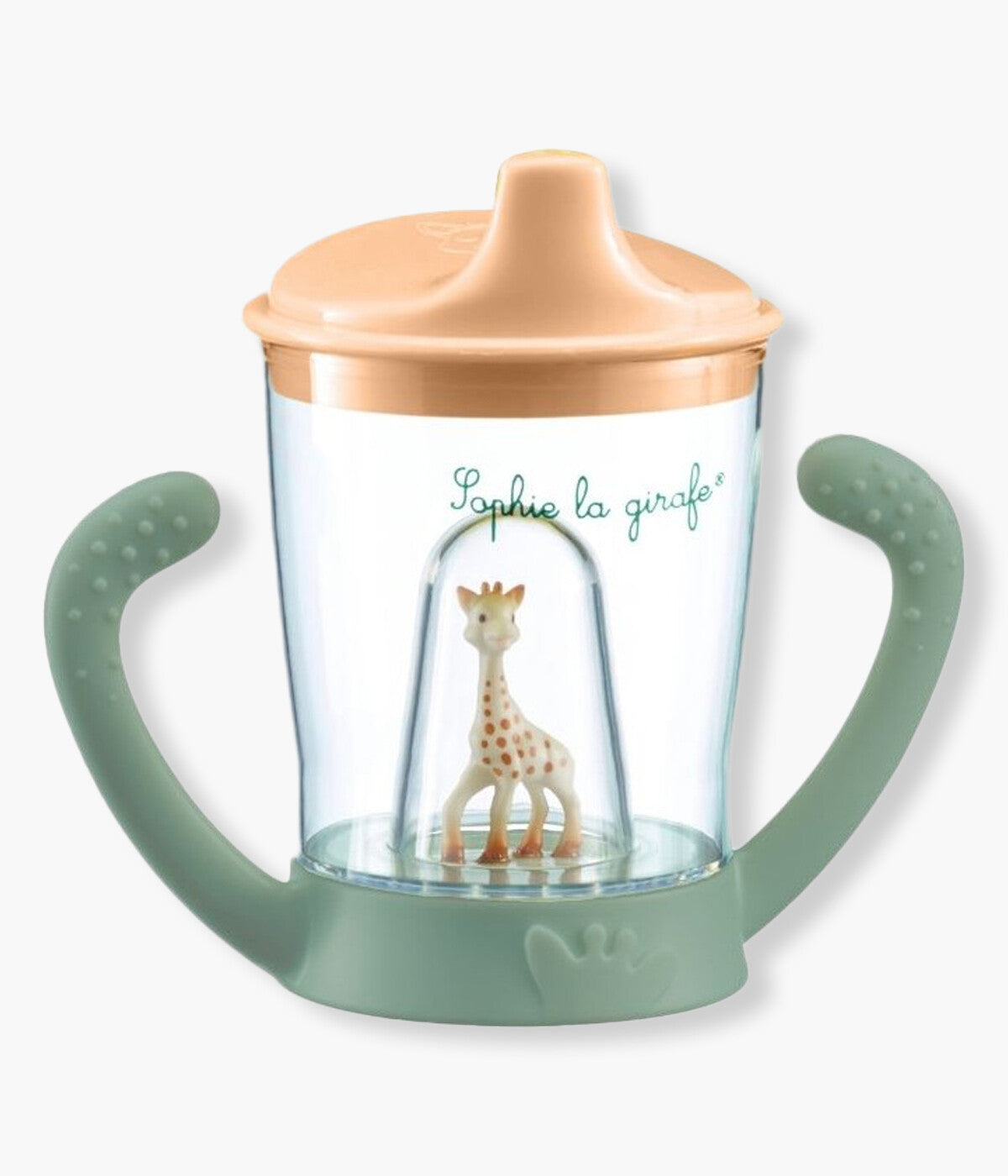 Copo anti-vazamento Sophie La Girafe com sistema de válvula que permite ao bebé beber sem entornar. O seu bico ergonómico permite uma sucção natural comparável à forma de beber do biberão. Ideal para a transição do biberão para o copo.