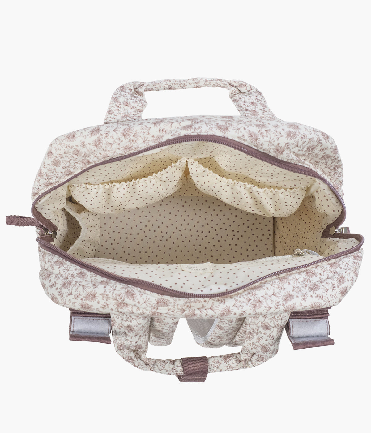 Mochila de Maternidade Walking Mum Gala Cerise aberta e vazia com compartimentos.
