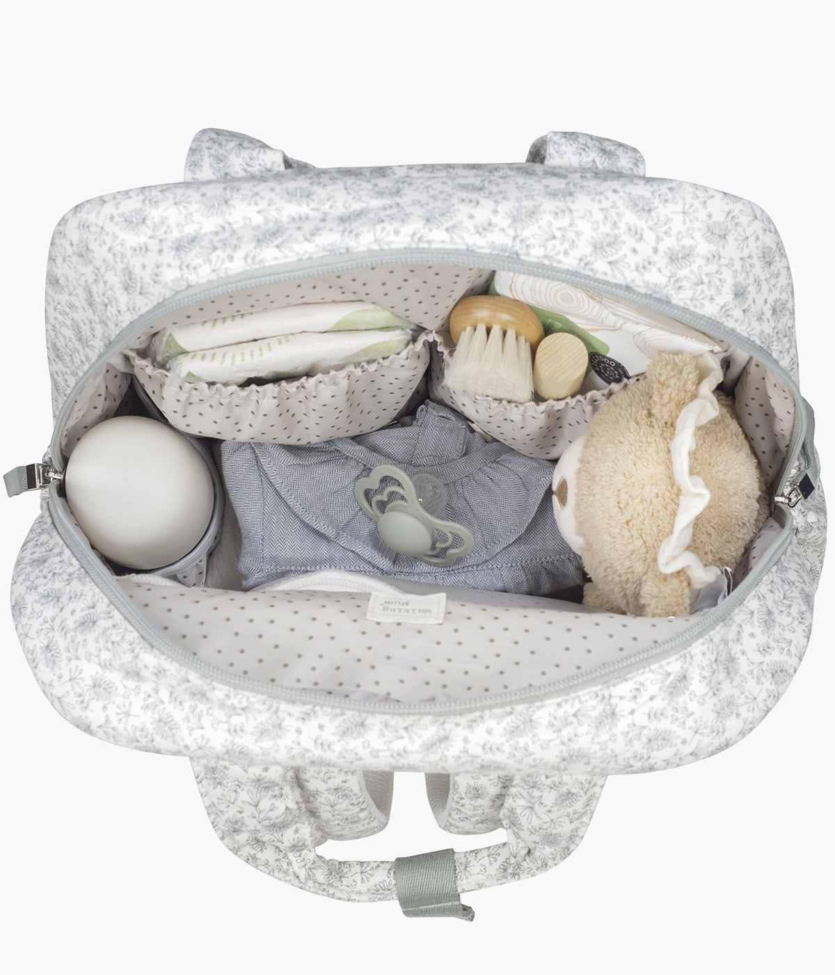 Mochila de Maternidade Walking Mum Gala Mint aberta e com conteúdo para bebé.