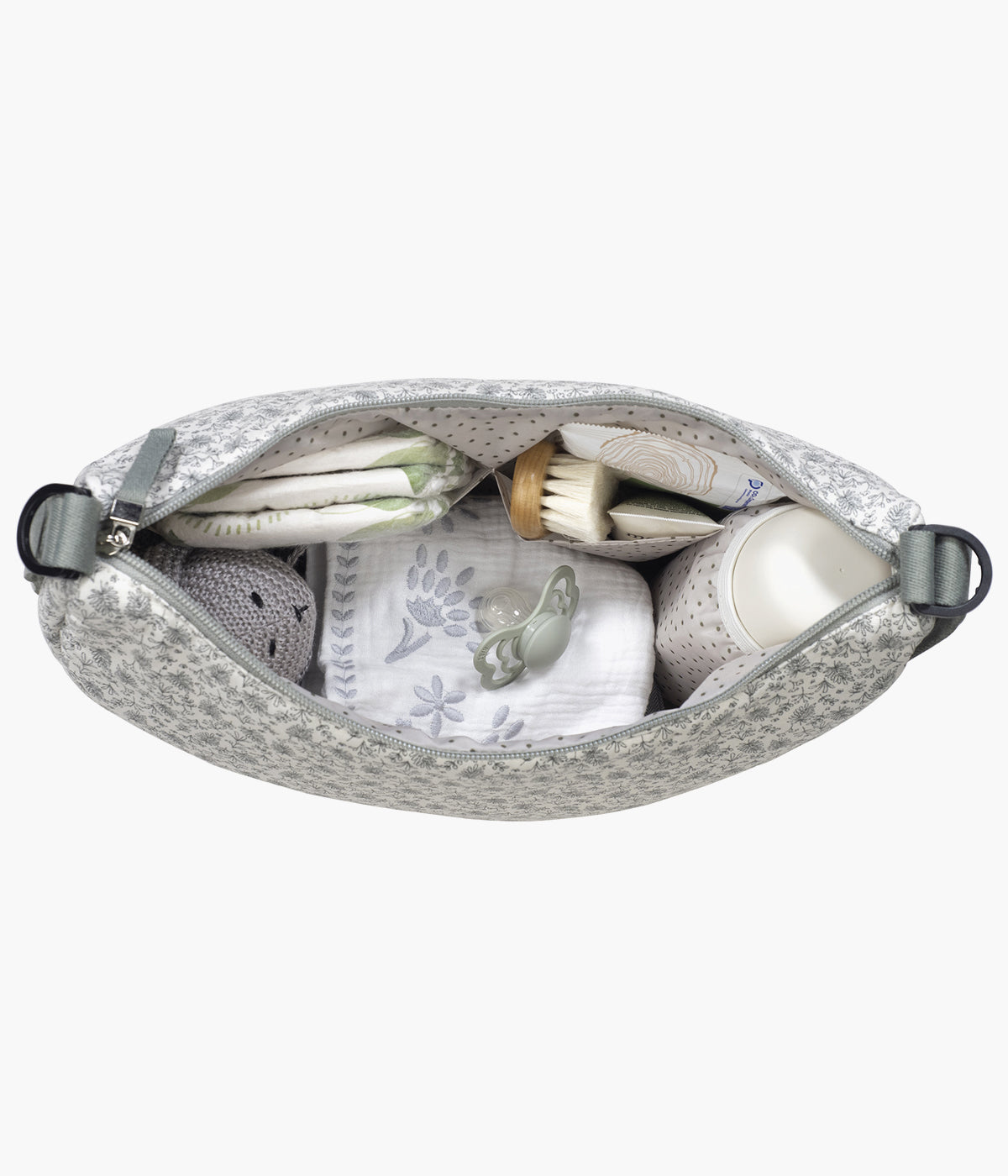 Bolsa de Passeio Gôndola Walking Mum Gala Mint aberta com conteúdo de bebé.