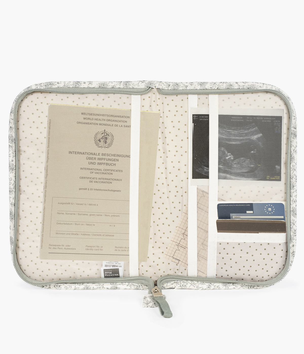 Porta documentos Walking Mum Gala Mint aberto com divisórias visiveis e com documentos de bebé.