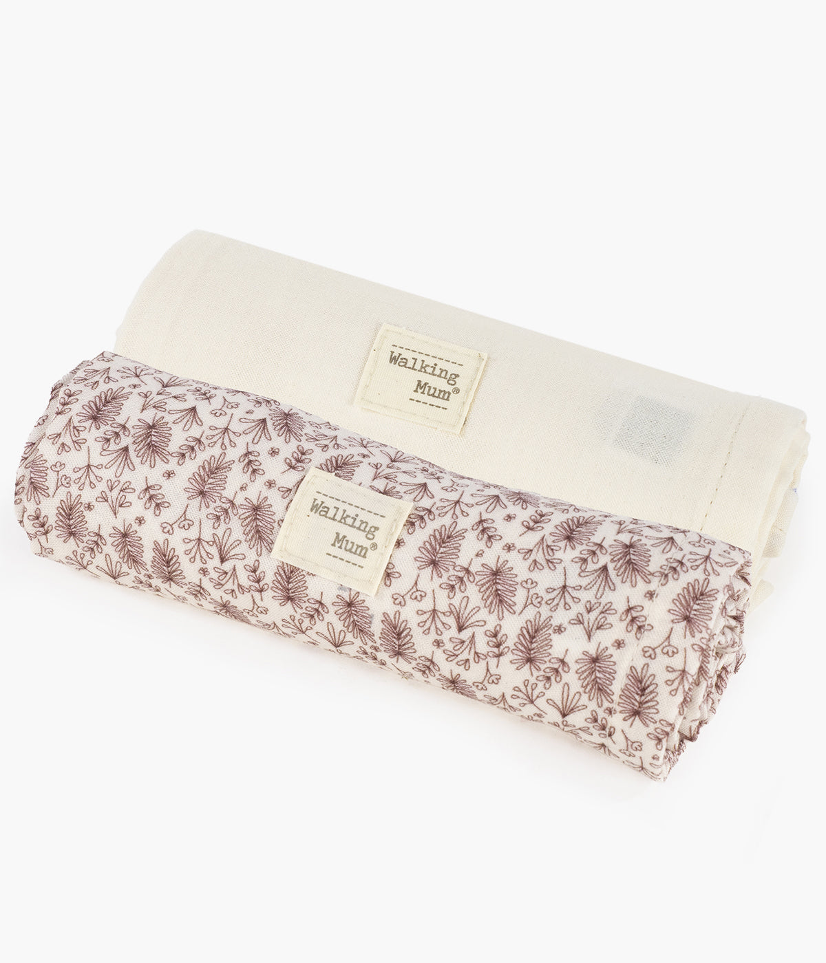 Pack de 2 fraldas musselina em bambu Walking Mum Gala Cerise para bebé menina e recém-nascida. Suaves e respiráveis fraldas, uma com padrão ramos em tons de cereja em fundo pérola e outra totalmente lisa de cor pérola, perfeitas para vários momentos tais como alimentação ou apoio na muda da fralda.