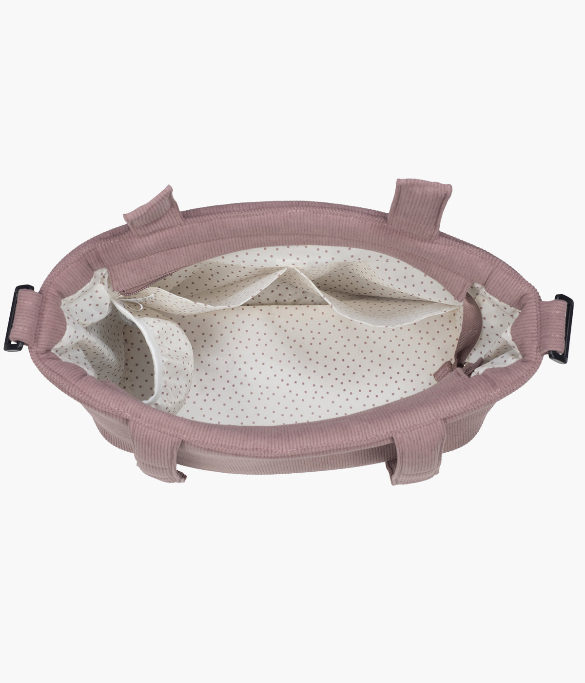 Bolsa de passeio em Bombazine Gala Cerise da Walking Mum aberta com bolsos todos à vista.