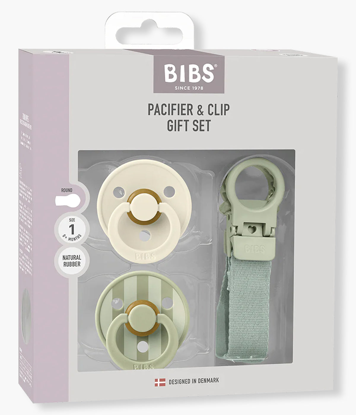 Pack de 2 chupetas Bibs Colour e 1 prende-chupetas Bibs Loop, ambos na cor verde (sage). Pensado especialmente para recém-nascidos, este pack reúne dois essenciais indispensáveis: chupetas com tetina redonda em látex natural e um prende-chupetas funcional que evita quedas e perdas.
