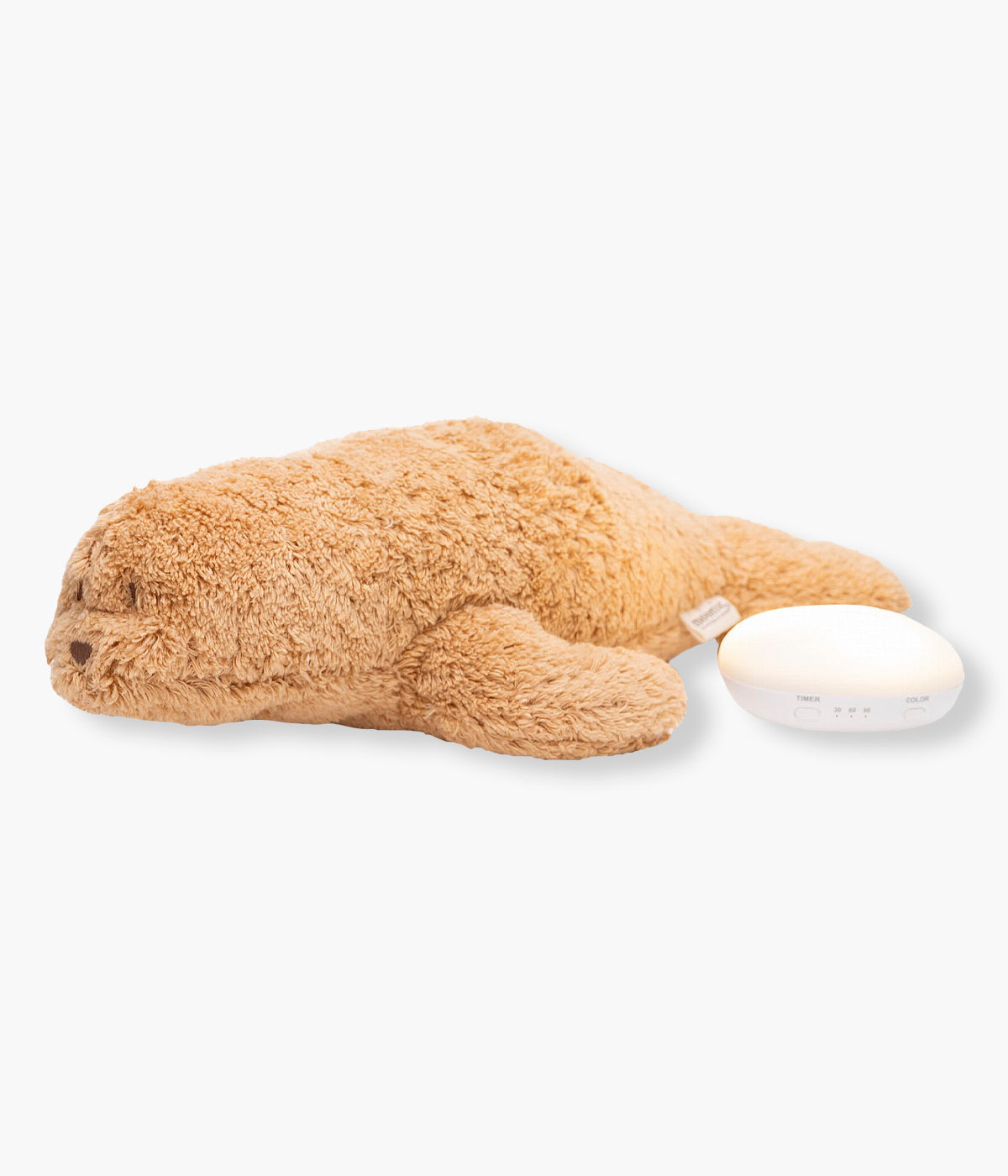 Vista de frente do Peluche Foca com Som e Luz Moonie Seal Cappuccino em Algodão Orgânico Bege