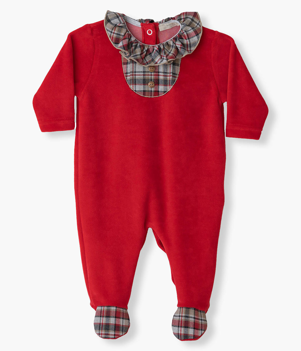 Babygrow em Veludo Gola Folho para Bebé Xadrez - Vermelho