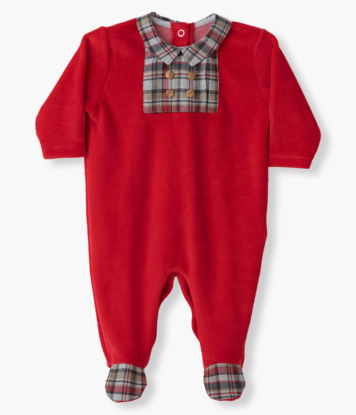 Babygrow em Veludo Gola Bico para Bebé Xadrez - Vermelho