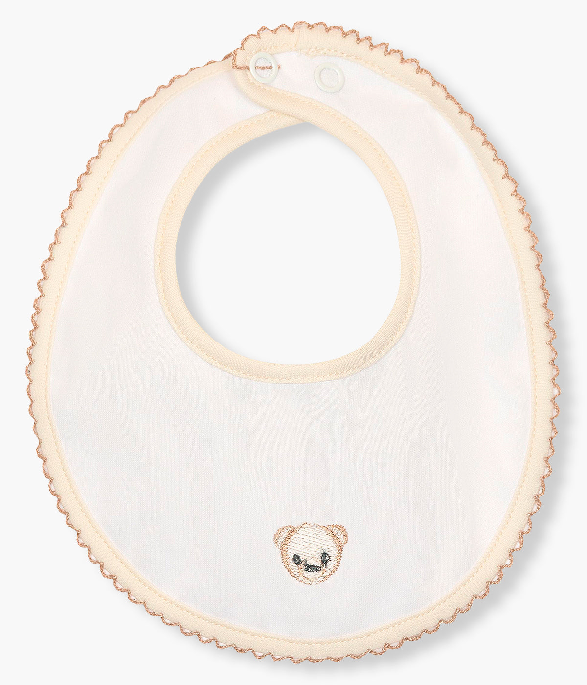 Vista de tras babete impermeável bege da Baby Gi para bebé e recém-nascido(a), 100% algodão. Elegante babete de formato redondo com urso bordado em castanho na frente e picueta castanha a toda a volta.