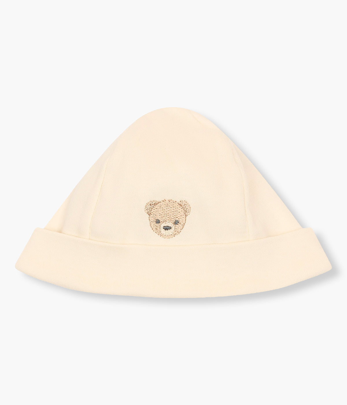 Gorro duplo em algodão bege da Baby Gi para bebé e recém-nascido(a), 100% algodão. Suave gorro com urso bordado em castanho, dobra a toda a volta e interior sem costuras.