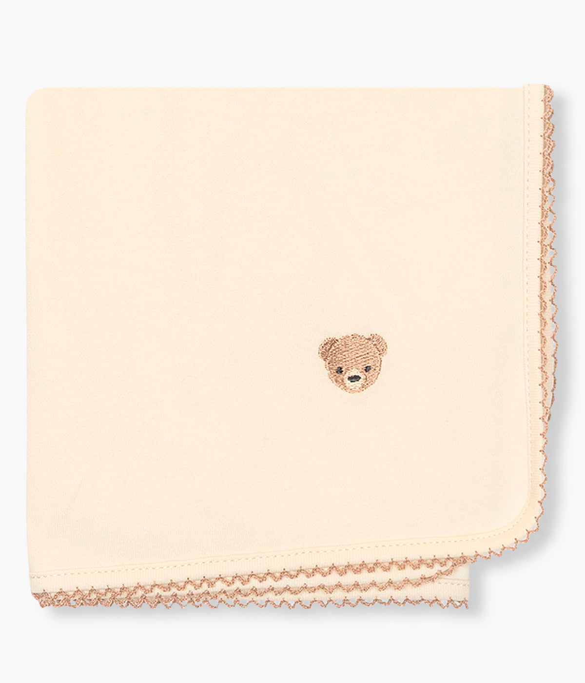 Fralda bege da Baby Gi para bebé e recém-nascido(a), 100% algodão. Delicada fralda com picueta castanha e detalhe no canto com urso bordado em castanho.