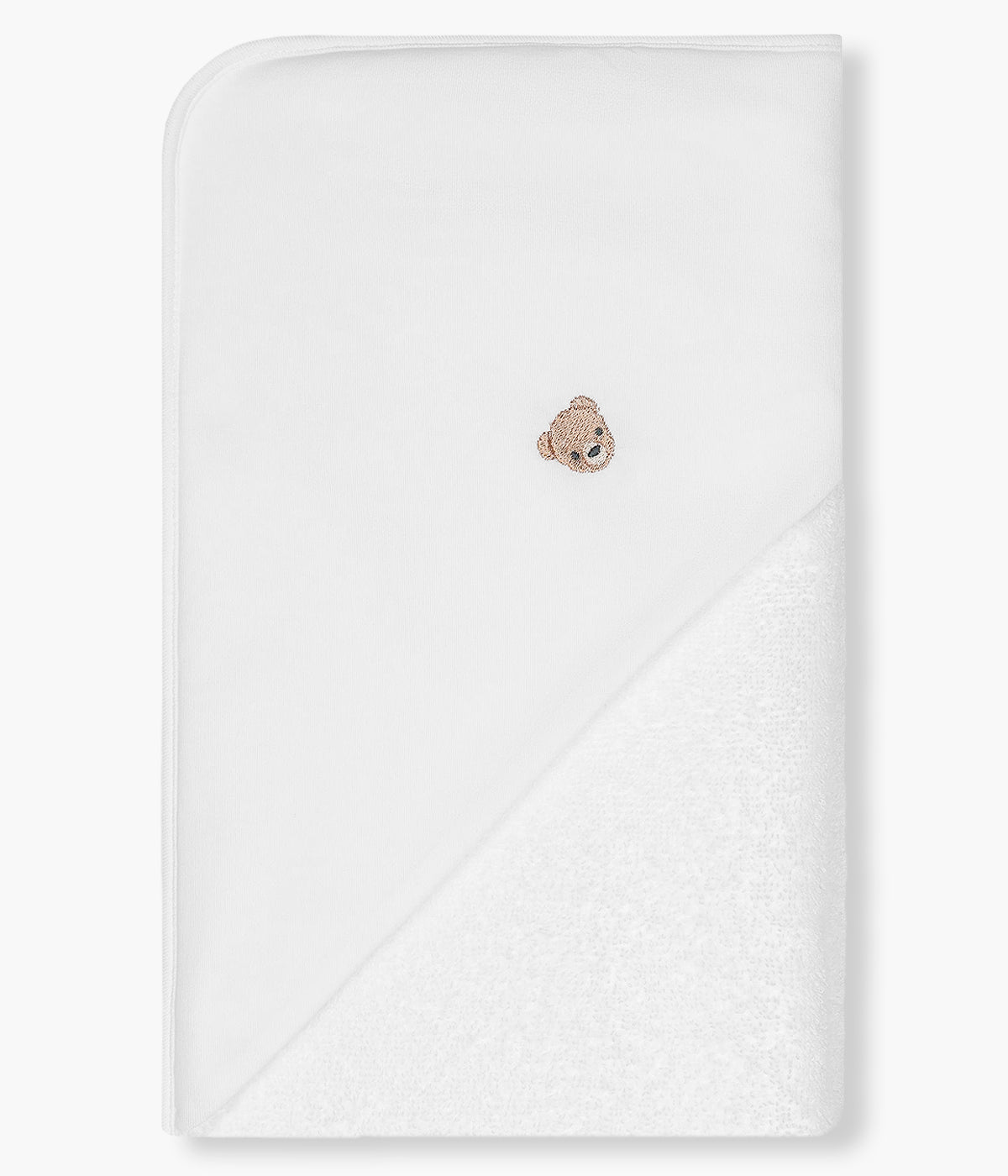 Vista de frente da toalha de banho da Baby Gi para bebé e recém-nascido(a), 100% algodão. Suave e absorvente toalha em suave turco branco com carapuço no canto com urso bordado em castanho.