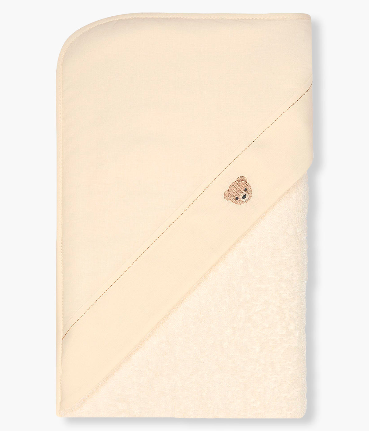 Toalha de banho da Baby Gi para bebé e recém-nascido(a), 100% algodão. Suave e absorvente toalha em turco bege com carapuço no canto com urso bordado em castanho.