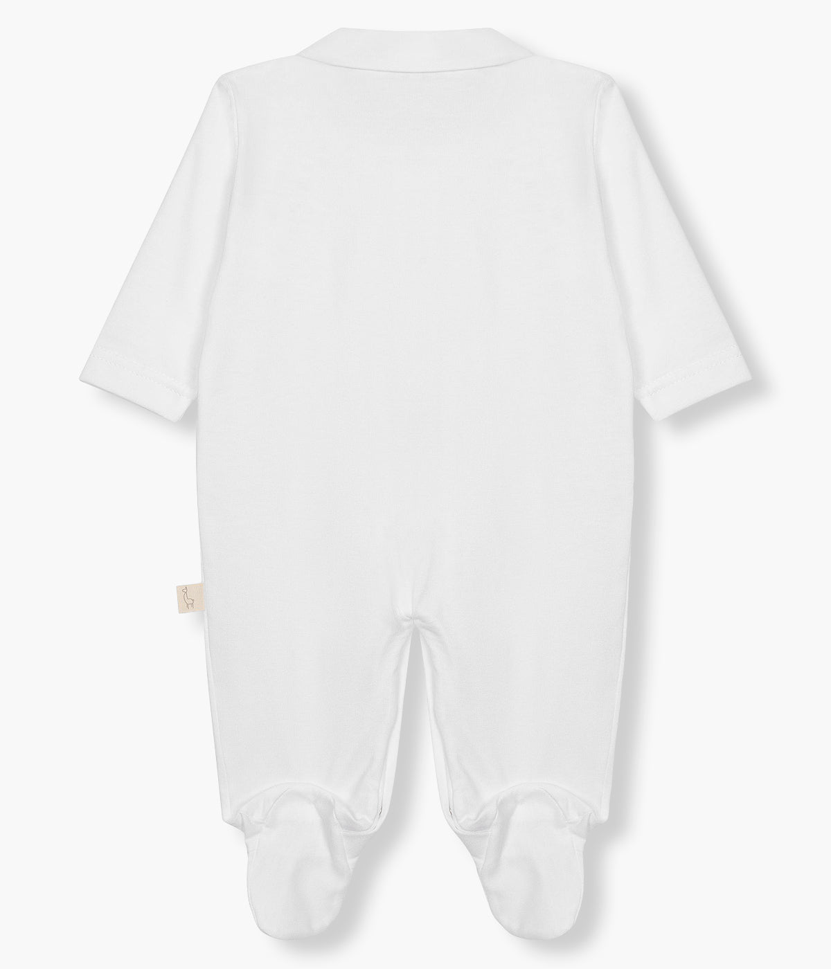 Vista de costas do babygrow em algodão branco da Baby Gi para bebé e recém-nascido(a). Gola redonda cortada e urso bordado em castanho no peito. Abertura com molas de pressão na frente e entrepernas.